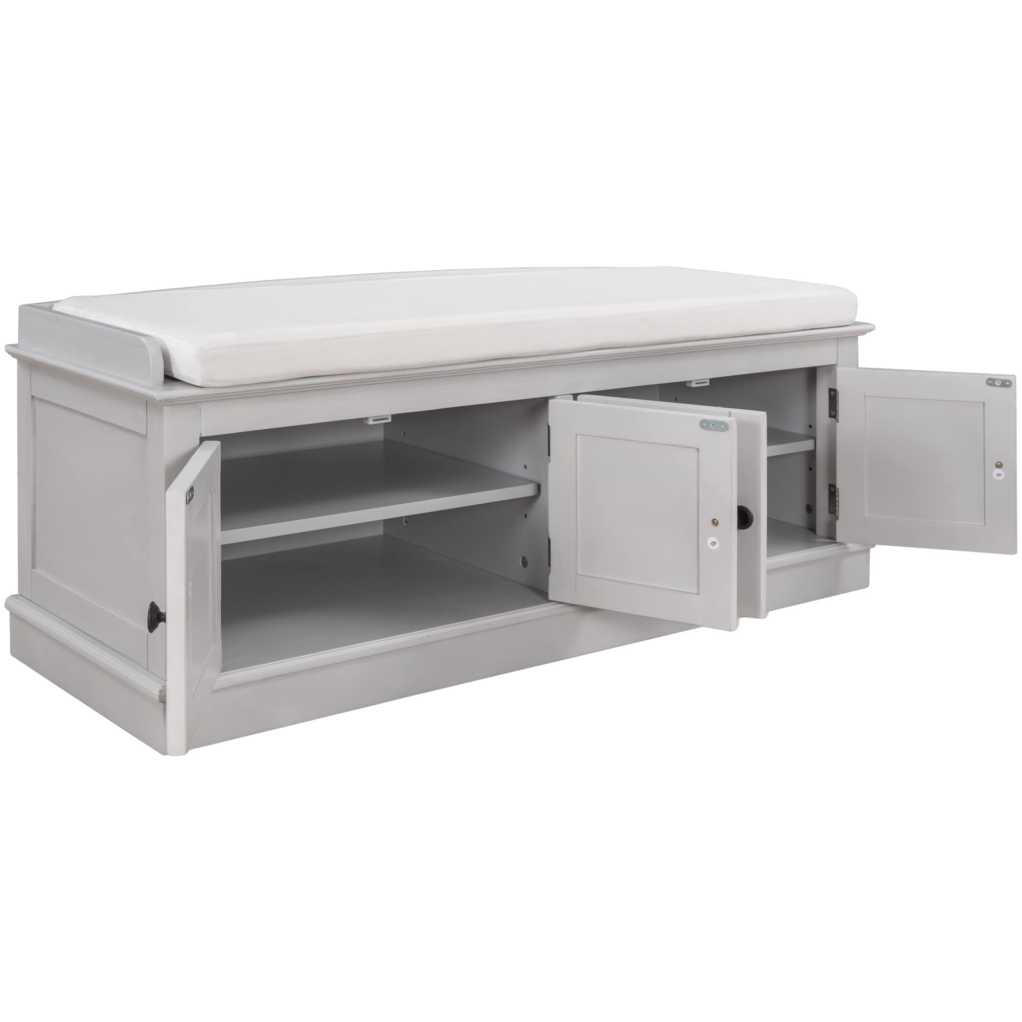 RUNNA Wood Storage Bench with 4 Doors & Adjustable Shelves - Entryway Shoe Bench with Removable Cushion - Hallway Ottoman Cabinet for Living Room, Bedroom, Entryway - Perfect for Organizing Shoes, Blankets & Home Decor (Gray Wash)