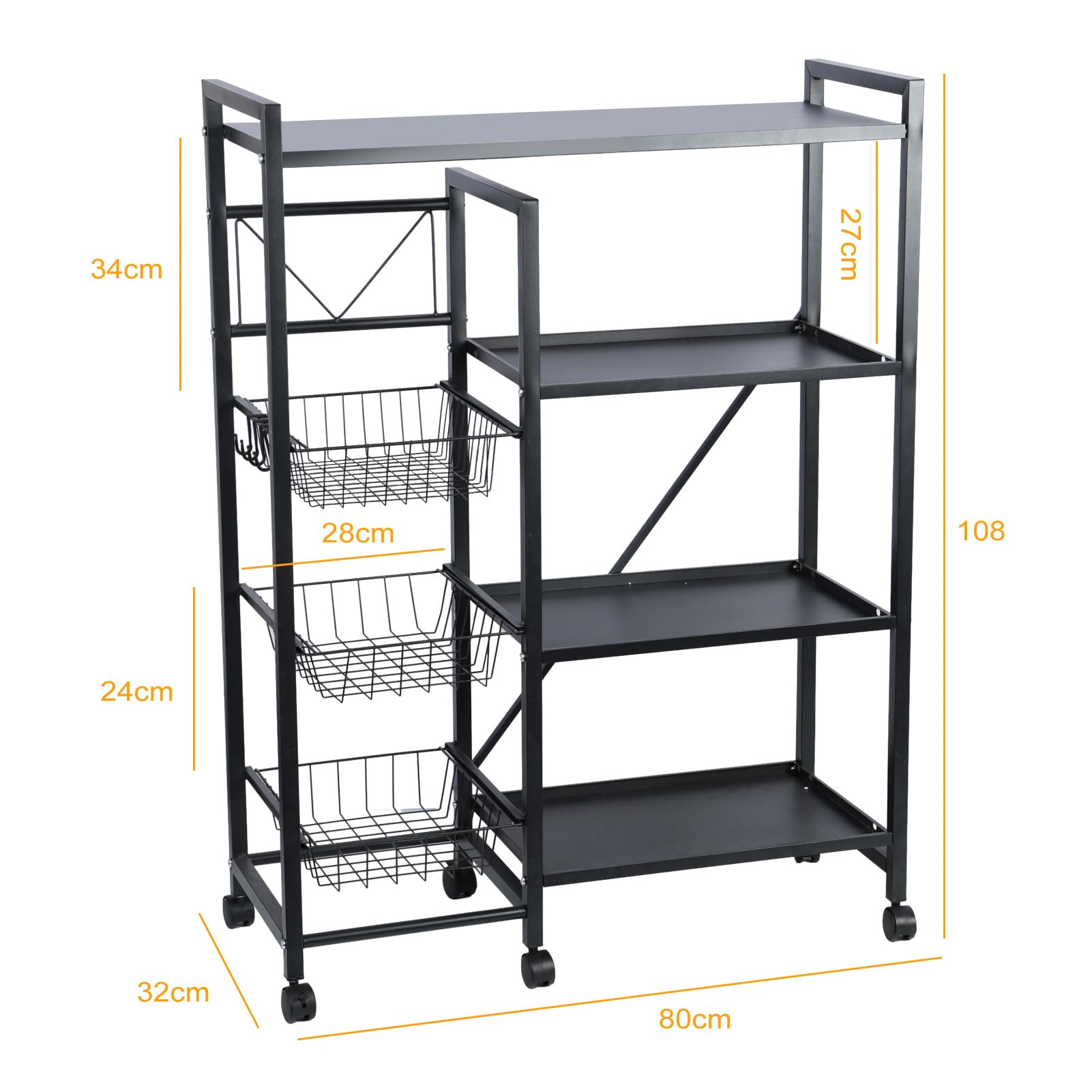 4-Tier Kitchen Bakers Rack with Wheels & S-Hooks - Rolling Coffee Bar Table, Microwave Stand with Wire Basket Storage - Ideal for Spices, Pots & Pans Organization - Perfect for Small Kitchens, Pantries & Coffee Stations (Black)