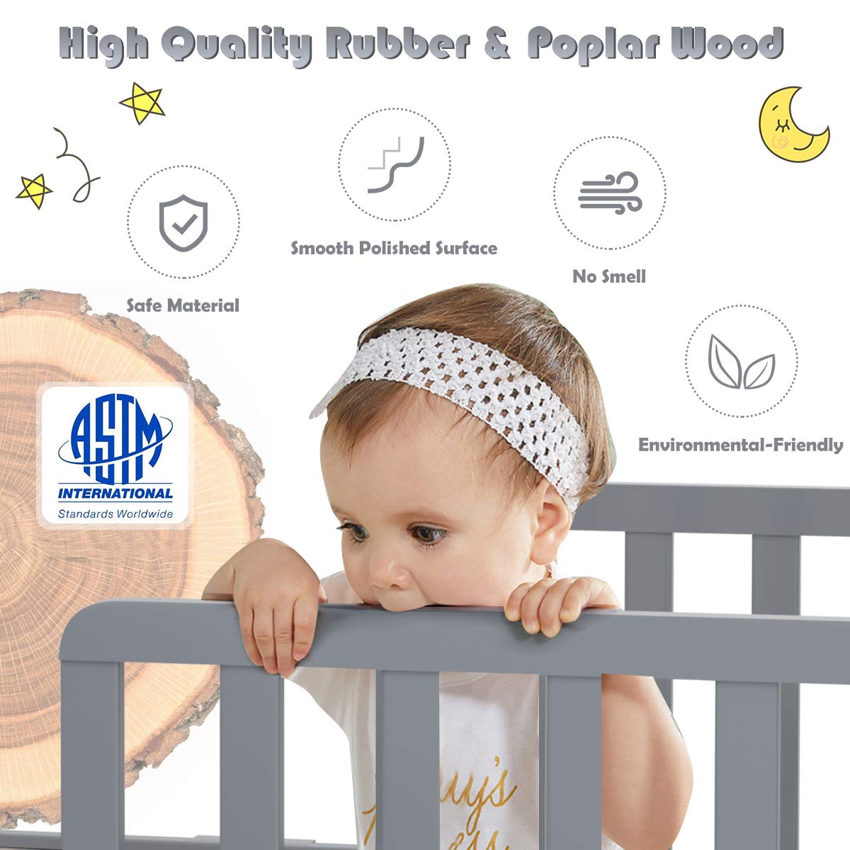 HONEY JOY Solid Rubber Wood Toddler Bed Frame with Safety Guardrail - Fits Full Size Crib Mattress (Not Included) | Classic Kids Bedroom Furniture for Boys & Girls | Perfect for Nursery, Daycare or Children's Bedroom (Gray)