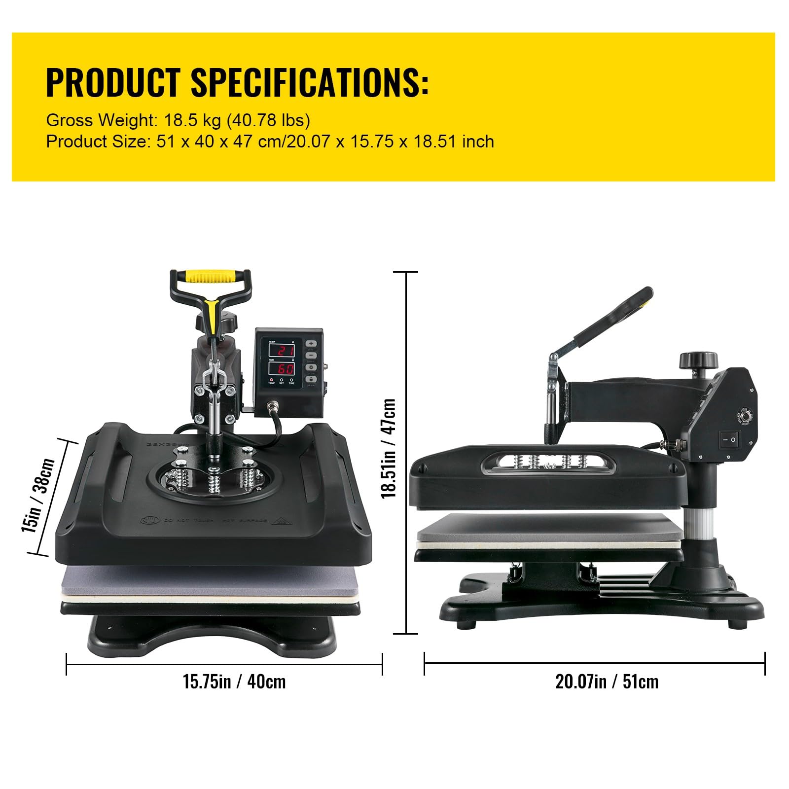 VEVOR 15x15 Inch 8-in-1 Heat Press Machine 800W Sublimation Printer with 360° Rotation Swing-Away Design & Dual-Tube Heating System for DIY T-Shirts, Hats, Mugs - Perfect for Home Crafting & Small Business Printing (Black)