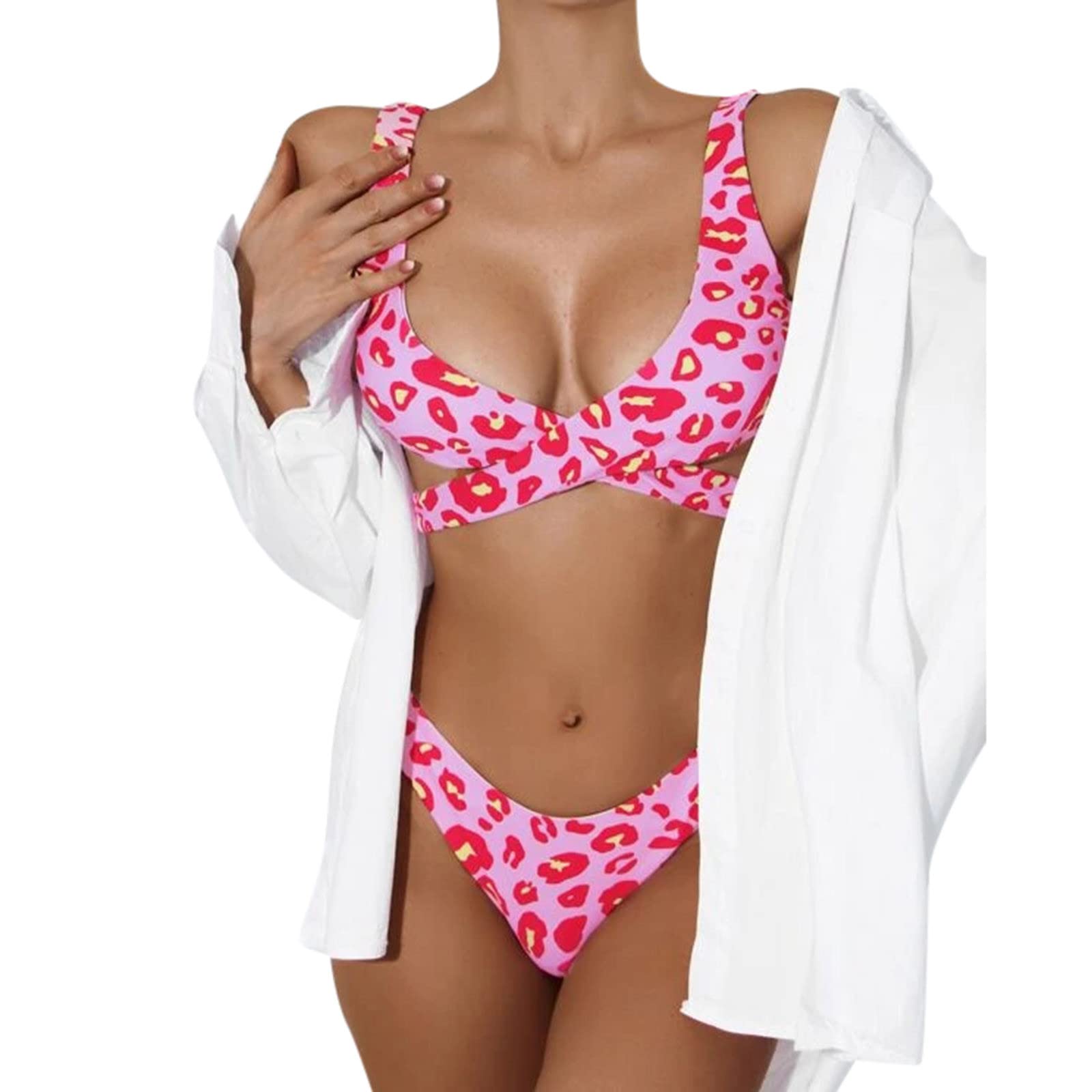 Women's 2-Piece Printed Bikini Set - Cross Front Swim Bra & High Waist Bottom for Beach, Pool & Summer Vacations