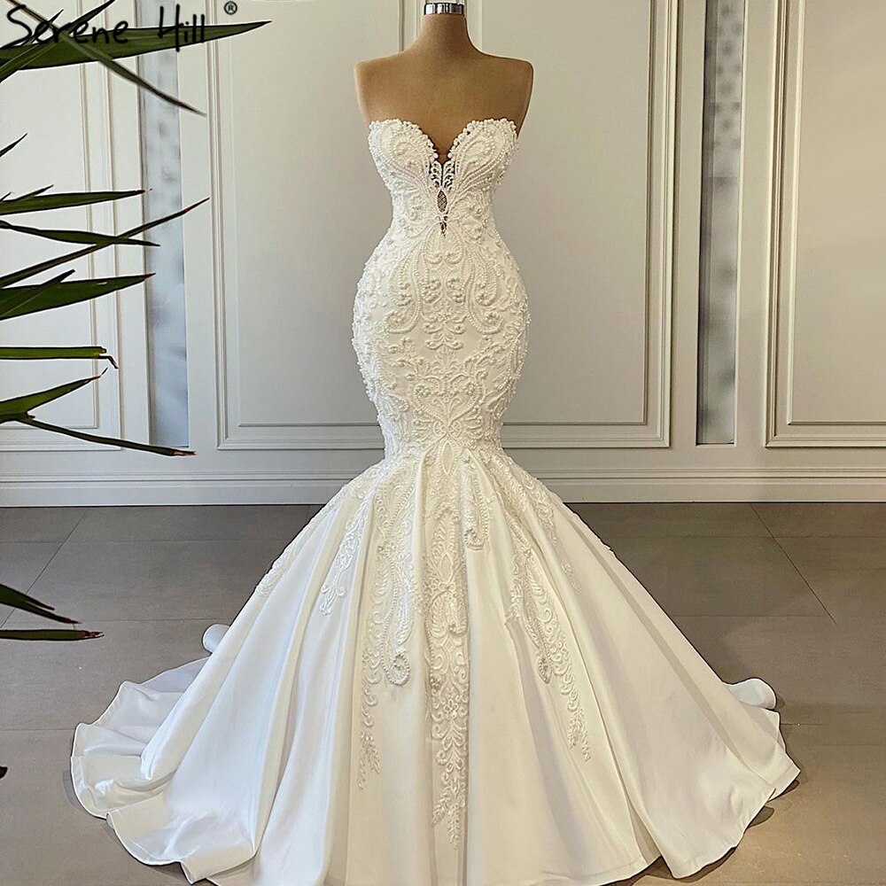 Serene Hill Ivory Mermaid Elegant Wedding Dress 2025 - Satin Beaded Pearl Bridal Gown HA2508 | Luxury Formal Gown for Beach Weddings, Church Ceremonies & Red Carpet Events