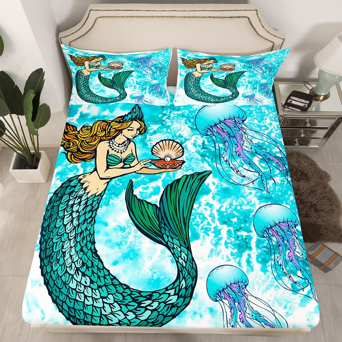 Mermaid Bedding Set Twin Size - Soft Microfiber Jellyfish & Fish Scales Fitted Sheet for Kids, Boys, Girls & Women - Underwater World Themed Bedroom Decor - Blue Tie Dye Marine Life Design - Perfect for Kids' Rooms, Beach Themed Bedrooms & Ocean Lovers
