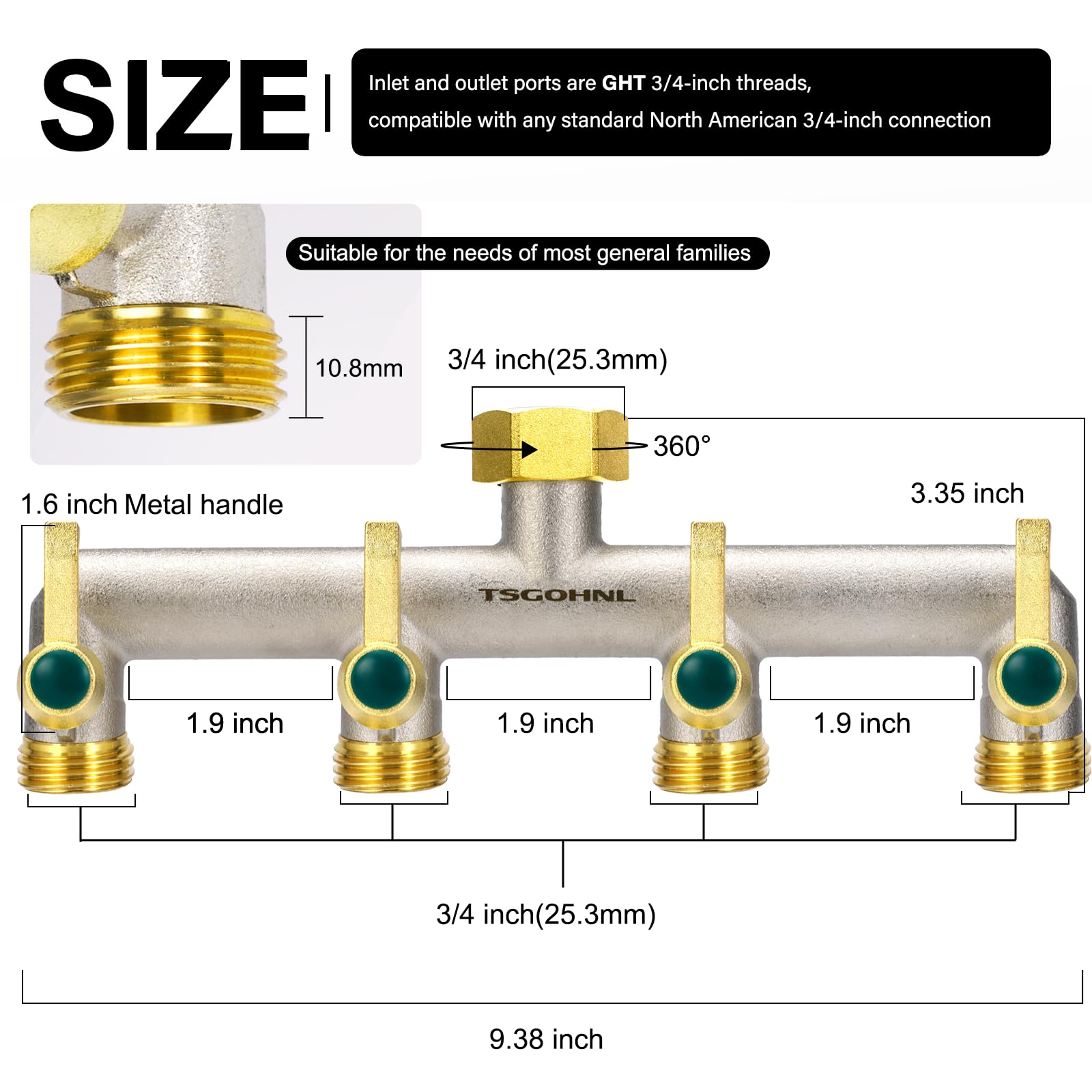 4-Way Brass Garden Faucet Splitter with 4 Extended Metal Handles - Heavy Duty Nickel Plated Outdoor Hose Divider - 3/4-Inch GHT Hex Female Inlet & Male Outlet - Perfect for Lawn Watering, Garden Irrigation & Car Washing