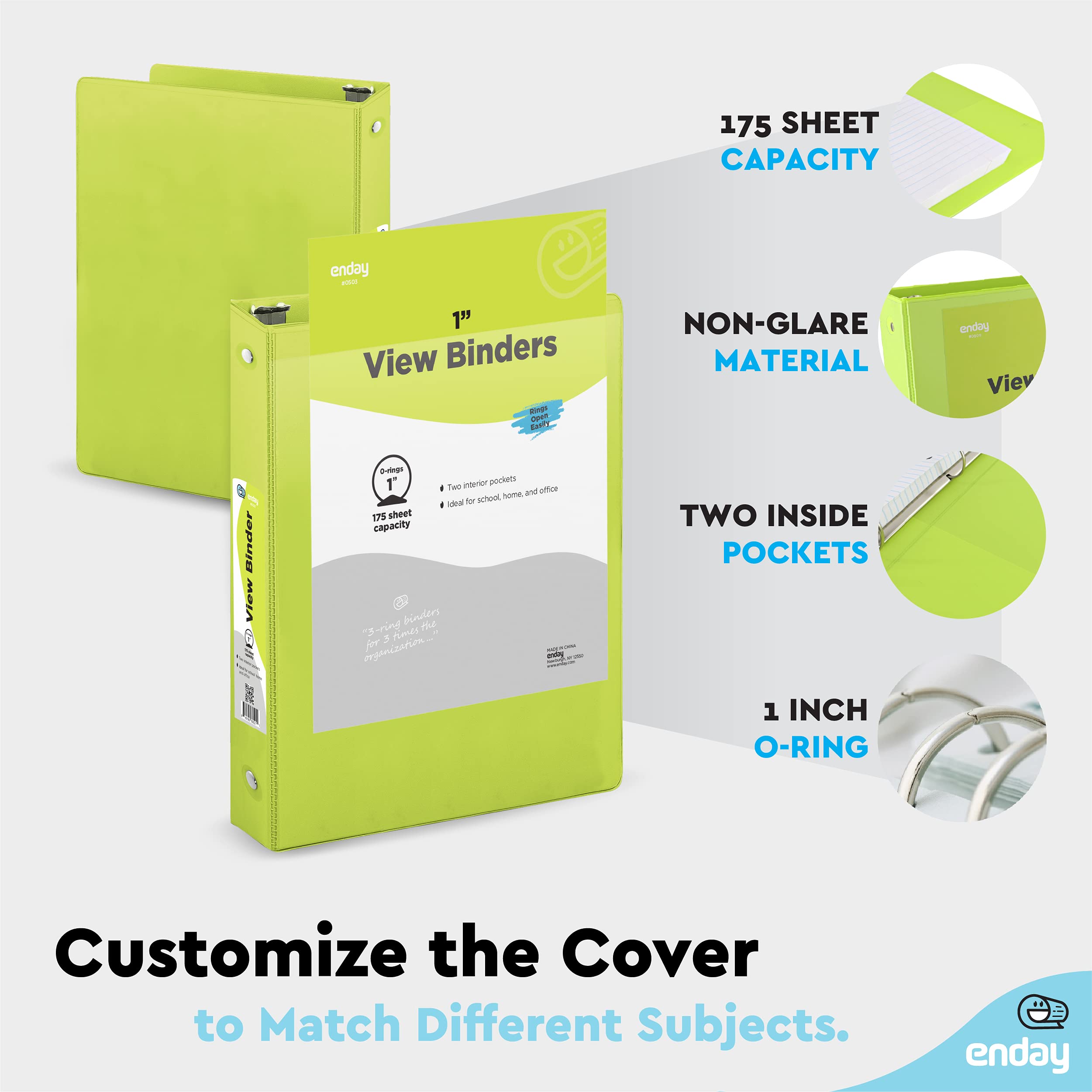 1 Inch 3 Ring Binder with Clear View Cover - 2 Inside Pockets, Green School & Office Supplies for Home, Work & Organization | Durable Binders for Students, Teachers & Professionals by Enday