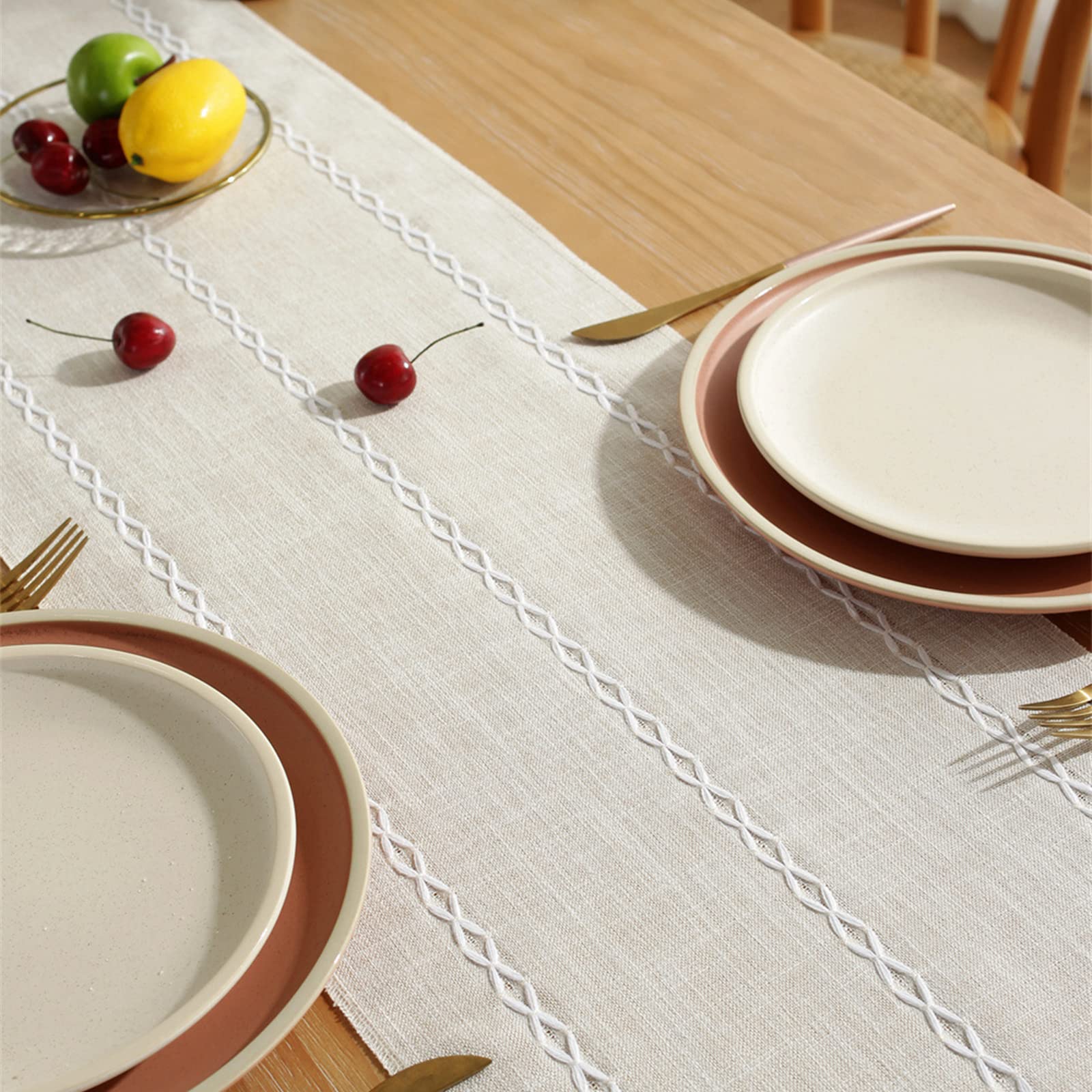 Jeloris Braided Striped Table Runner - Farmhouse Cotton Linen Tablecloth with Tassels - 12x108 Inch Cream Table Decor for Christmas, Parties, Dinner & Kitchen - Perfect for Holiday Gatherings, Birthday Celebrations & Home Decor
