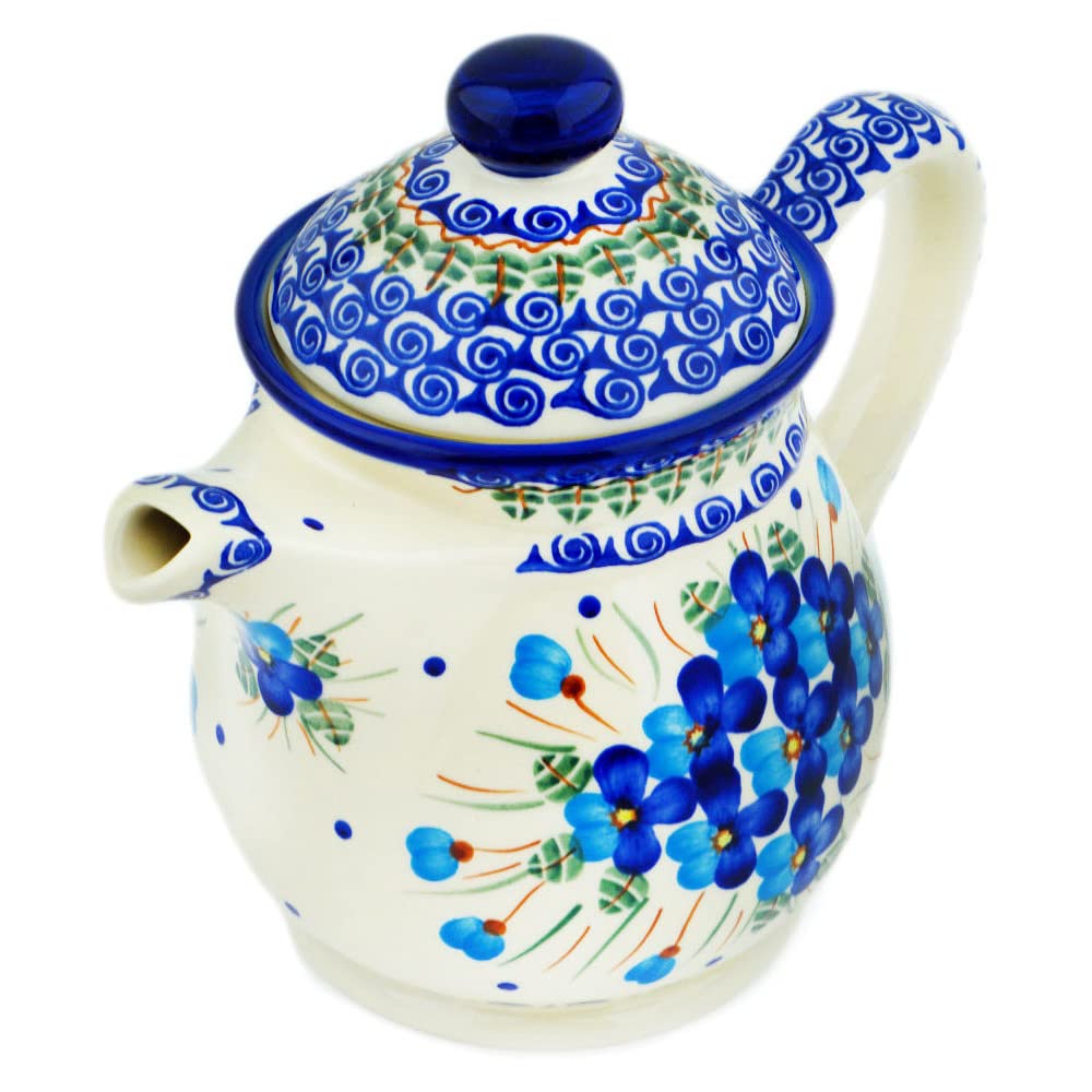 Authentic Polish Pottery 5-Cup Tea & Coffee Pot - Handmade Blue Pansy Design with Certificate - Perfect for Afternoon Tea, Gifts & Farmhouse Kitchen Decor