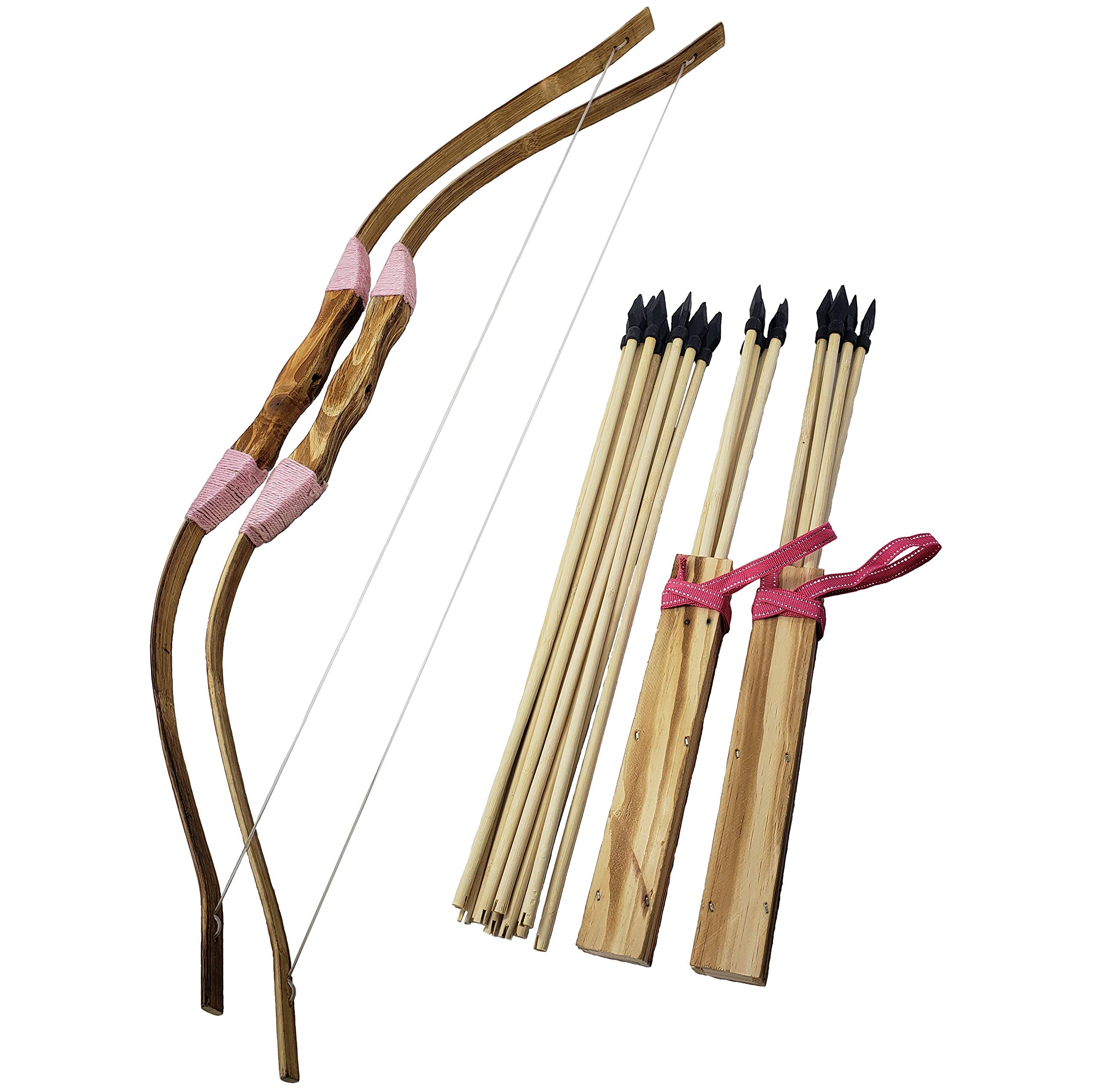 2-Pack Handmade Girls Wooden Bow and Arrow Set with 20 Wood Arrows & 2 Quivers - Outdoor Adventure Toy for Kids - Perfect for Backyard Games, Camping, and Pretend Play