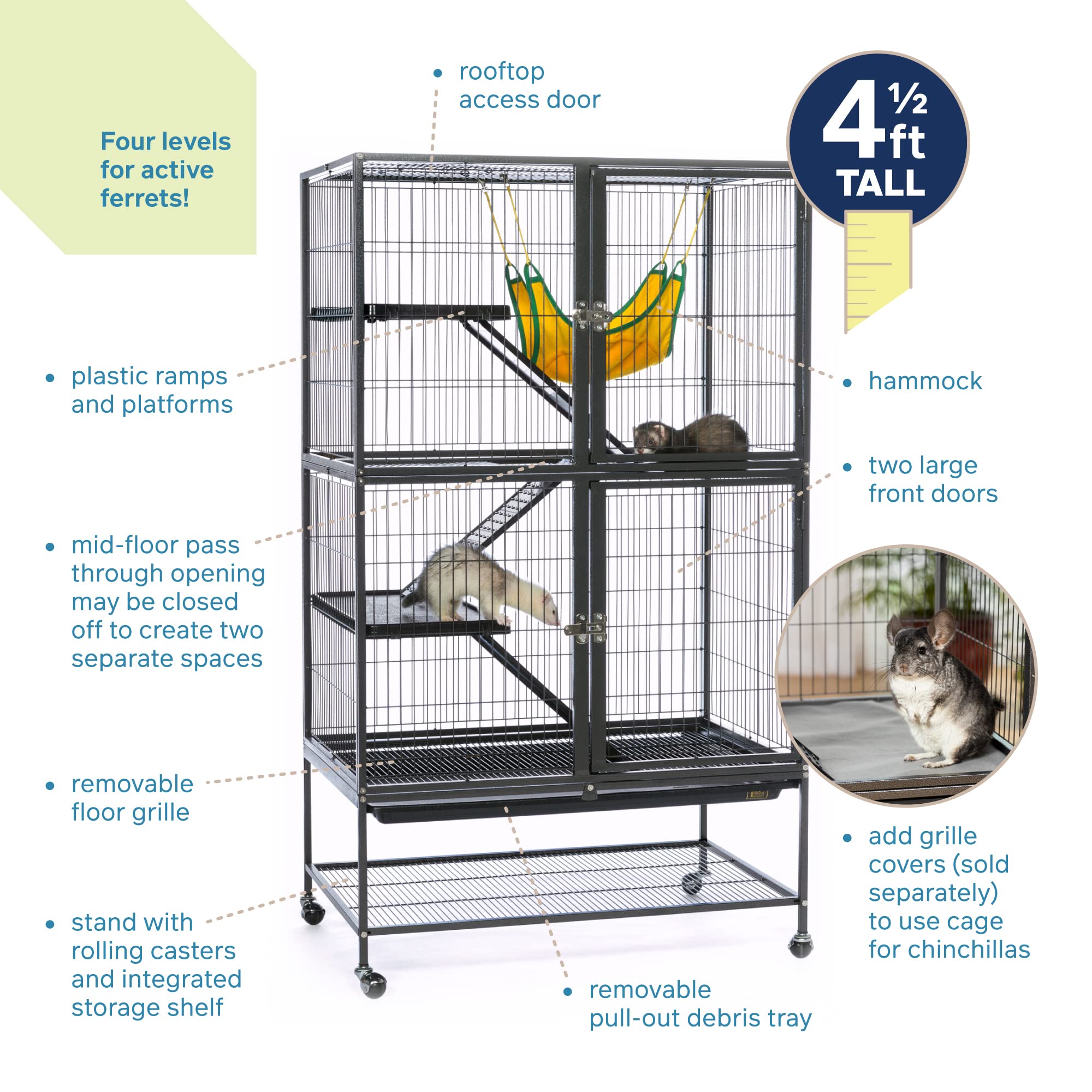 Prevue Pet Products 485 Feisty Ferret Cage with Stand - Black Hammertone Finish for Small Animals - Perfect for Ferrets, Chinchillas & Small Pets at Home or Vet Clinics