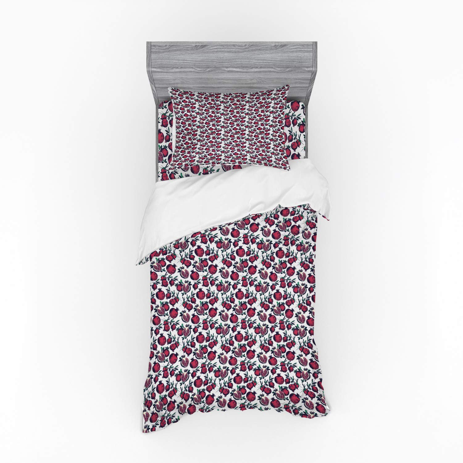 Ambesonne 3-Piece Twin Size Duvet Cover Set - Pomegranate Branch with Green Leaves Pattern, Includes Sham & Fitted Sheet, Pale Grey Maroon Green - Perfect for Bedroom Decor, Guest Room, Dormitory & Cozy Home Styling