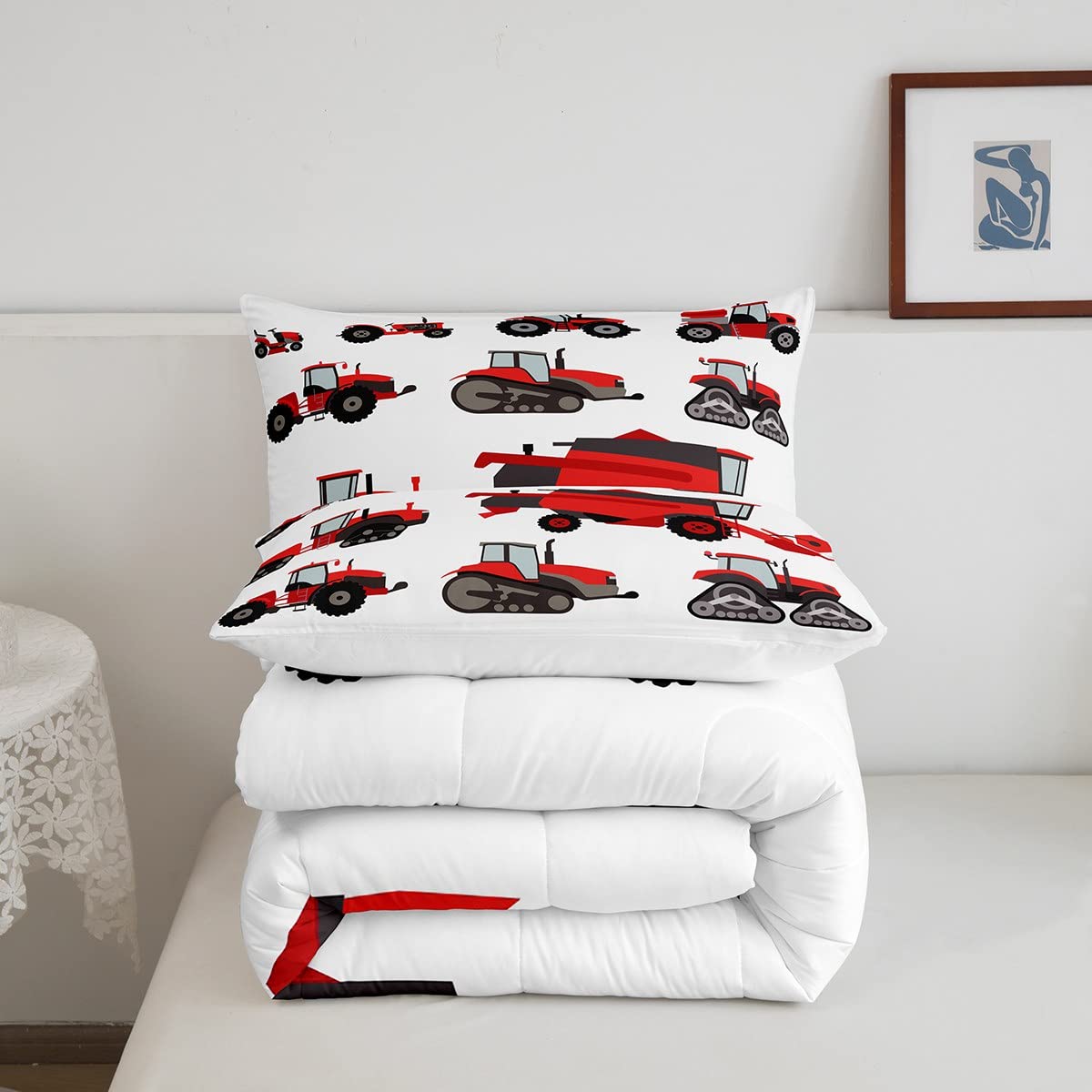 Feelyou Red Tractor Comforter Set - 3Pcs Queen Size Farm Equipment Bedding Collection with Harvester Design | Perfect for Boys' Room, Farmhouse Decor & Themed Bedrooms