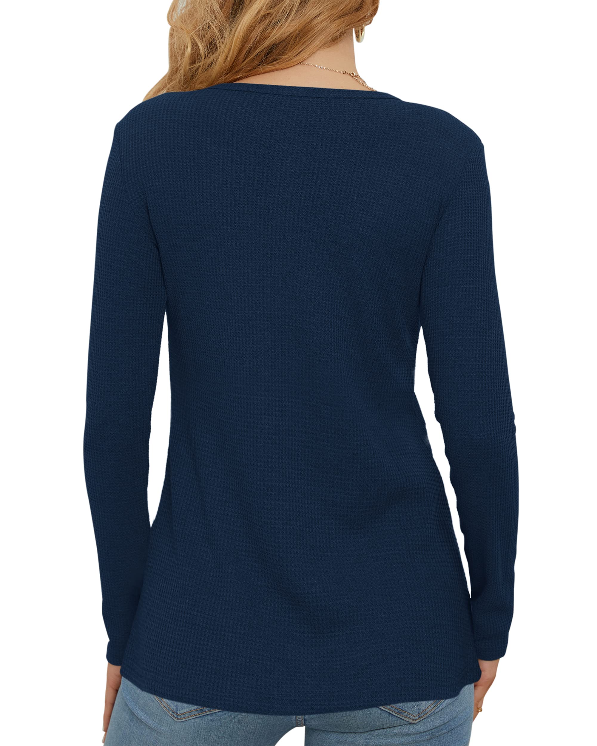 WNEEDU Women's Slim Fit Waffle Knit Long Sleeve Button Down V-Neck Henley Shirt - Casual Blouse for Work, Date Night & Fall Layering