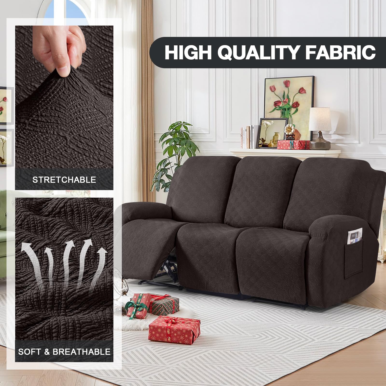 Timeless Recliner Sofa Cover - Stretchable Washable Slipcover for 3-Seater Reclining Couches (Chocolate Brown) - Perfect for Living Room Furniture Protection & Style Upgrade