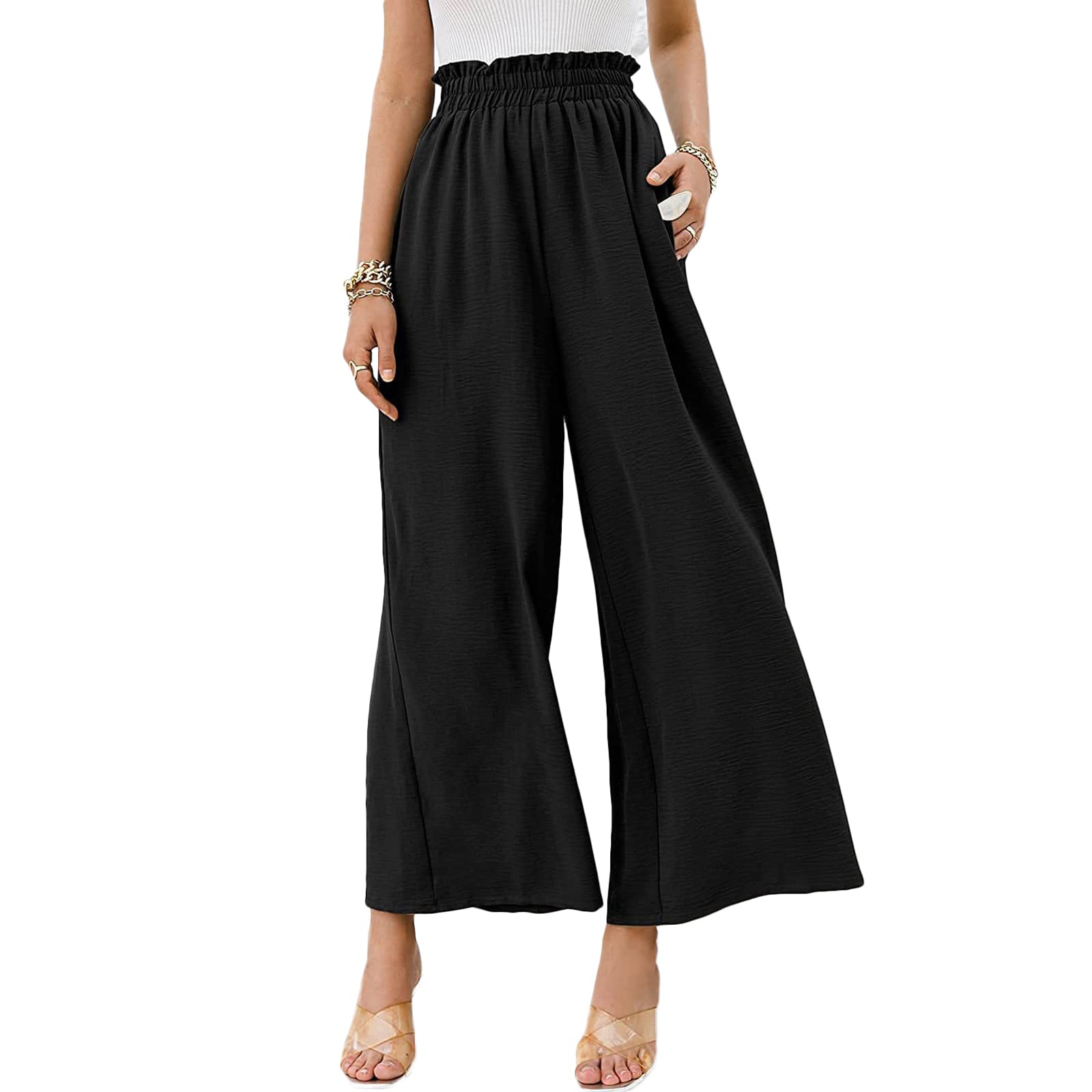 Women's Cotton Linen Elastic Waist Palazzo Pants - High Waisted Loose Lounge Pants with Pockets for Beach, Yoga & Casual Wear