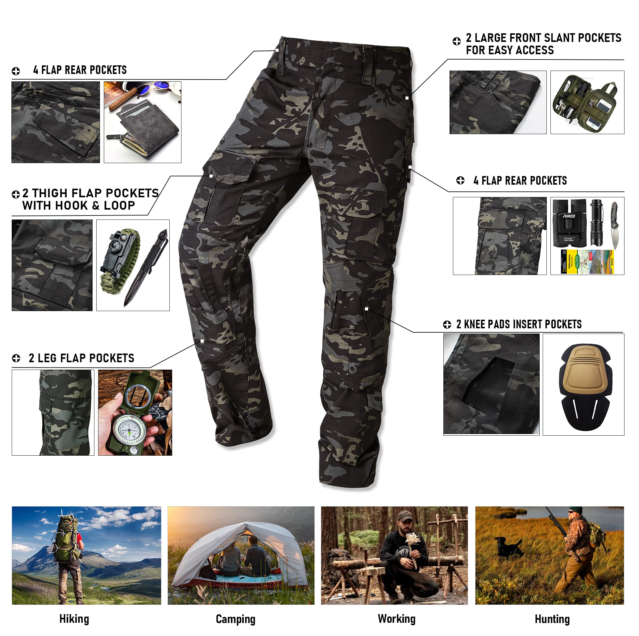 **Men's Tactical Cargo Pants - Camo Ripstop Outdoor Hiking Work Pants with Multi-Pockets (No Belt, No Kneepad) - Perfect for Hunting, Camping & Military Use**