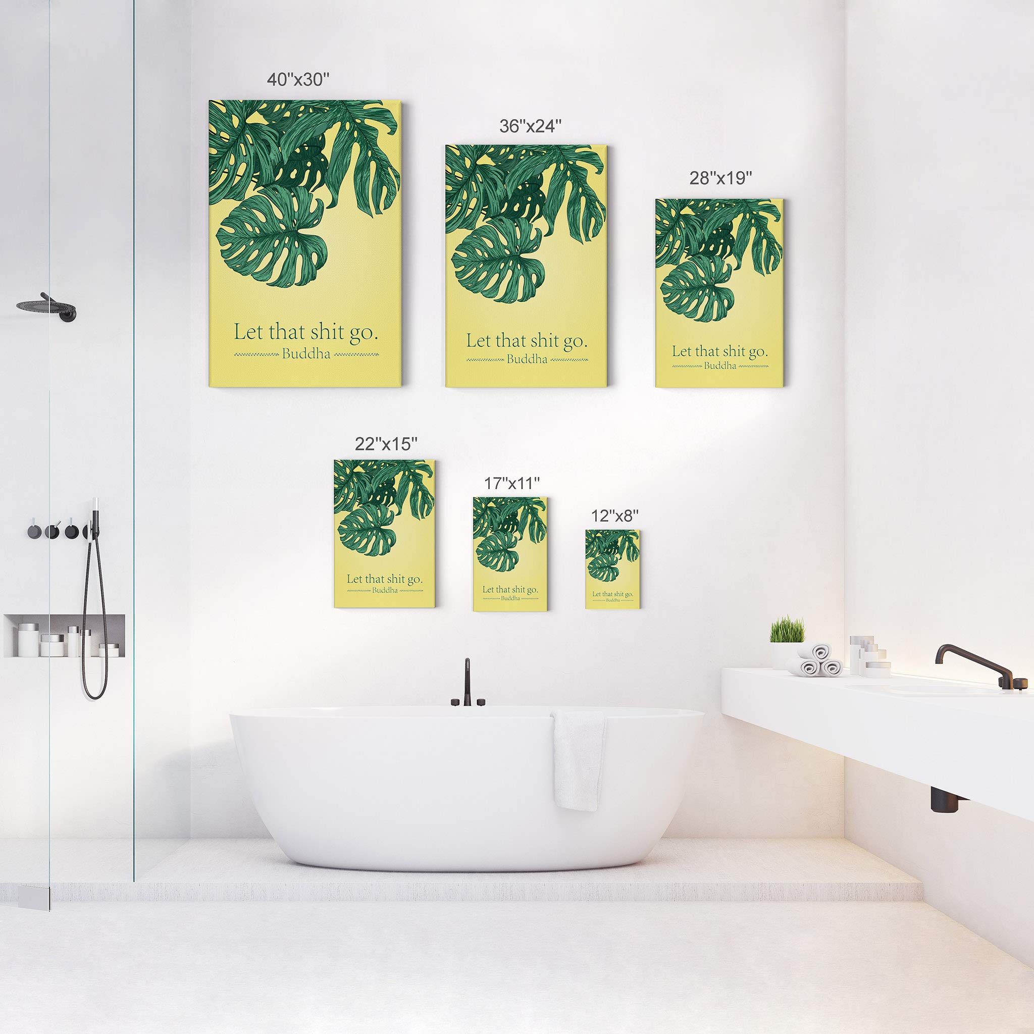 Funny Buddha Quote Canvas Print - 'Let That Shit Go' Bathroom Wall Art Decor | Ready to Hang 36x24 Inch Home Decoration | Made in USA | Perfect for Bathroom, Meditation Room & Stress Relief Spaces
