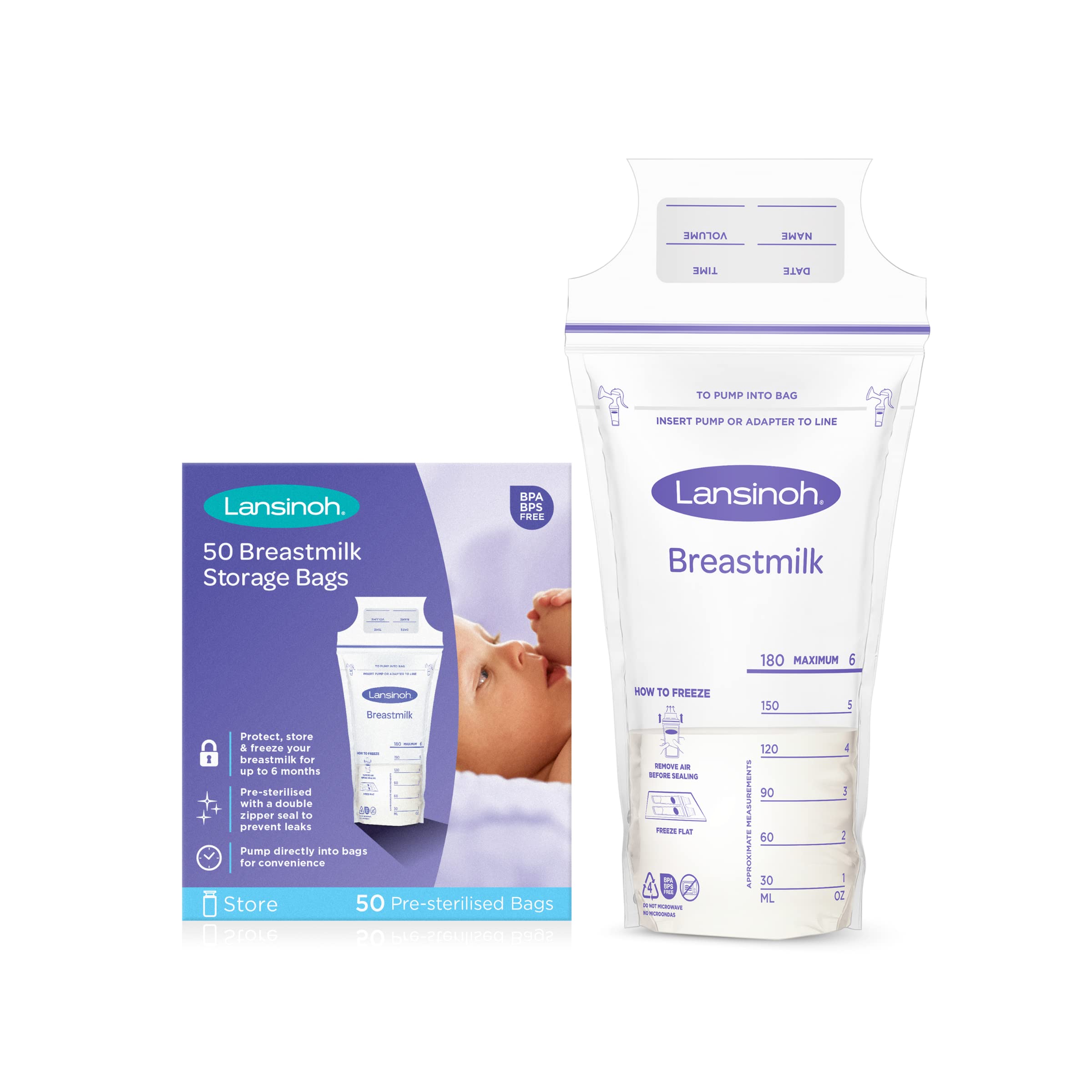 Lansinoh Breast Milk Storage Bags - 50 Count | BPA-Free, Pre-Sterilized, Leak-Proof | Perfect for Pumping, Freezing & Organizing Breast Milk