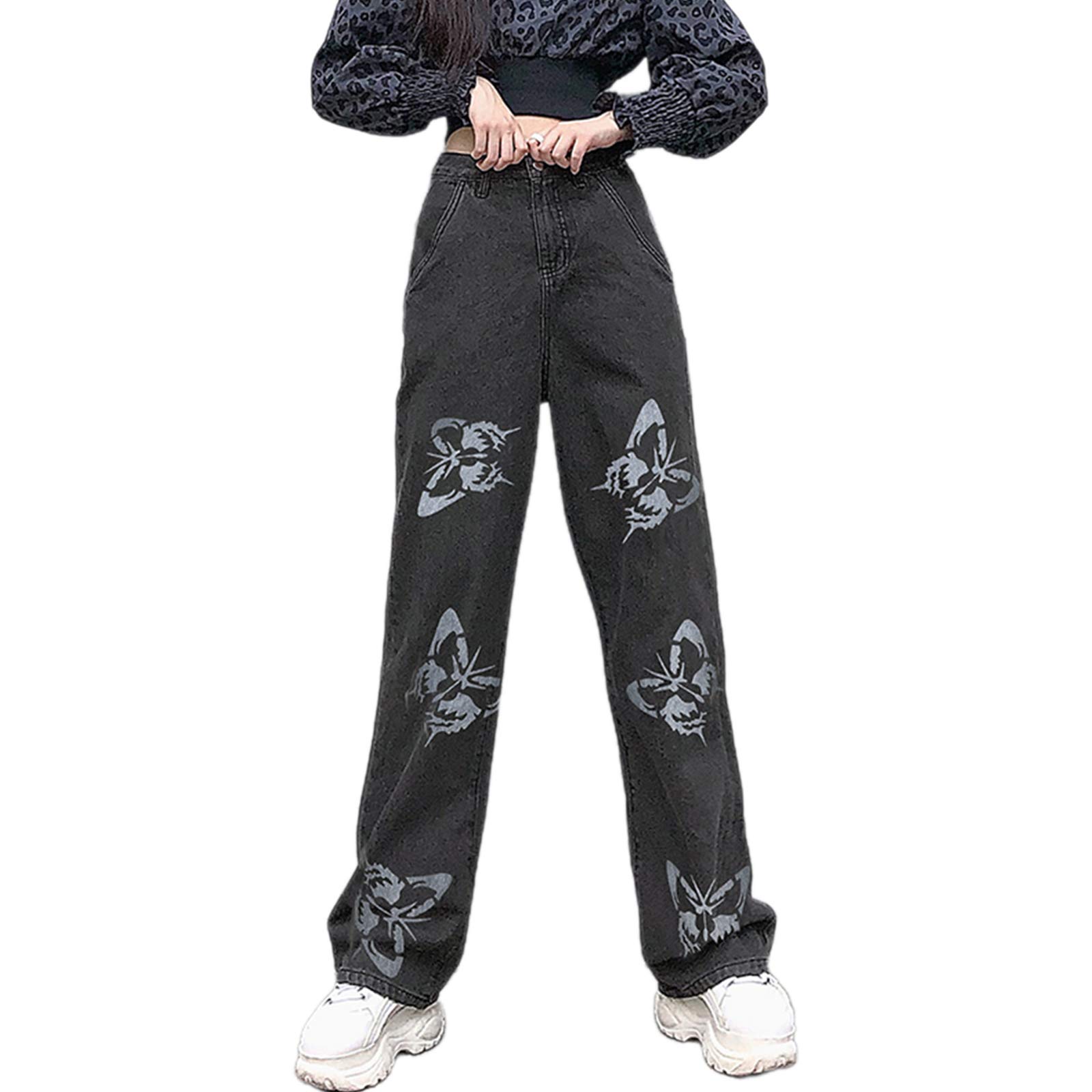 Sunloudy Women's High Waist Y2K Style Jeans - Straight Wide Leg Denim Pants with Heart Print | Vintage Loose Fit Trousers for Casual Wear & Street Fashion