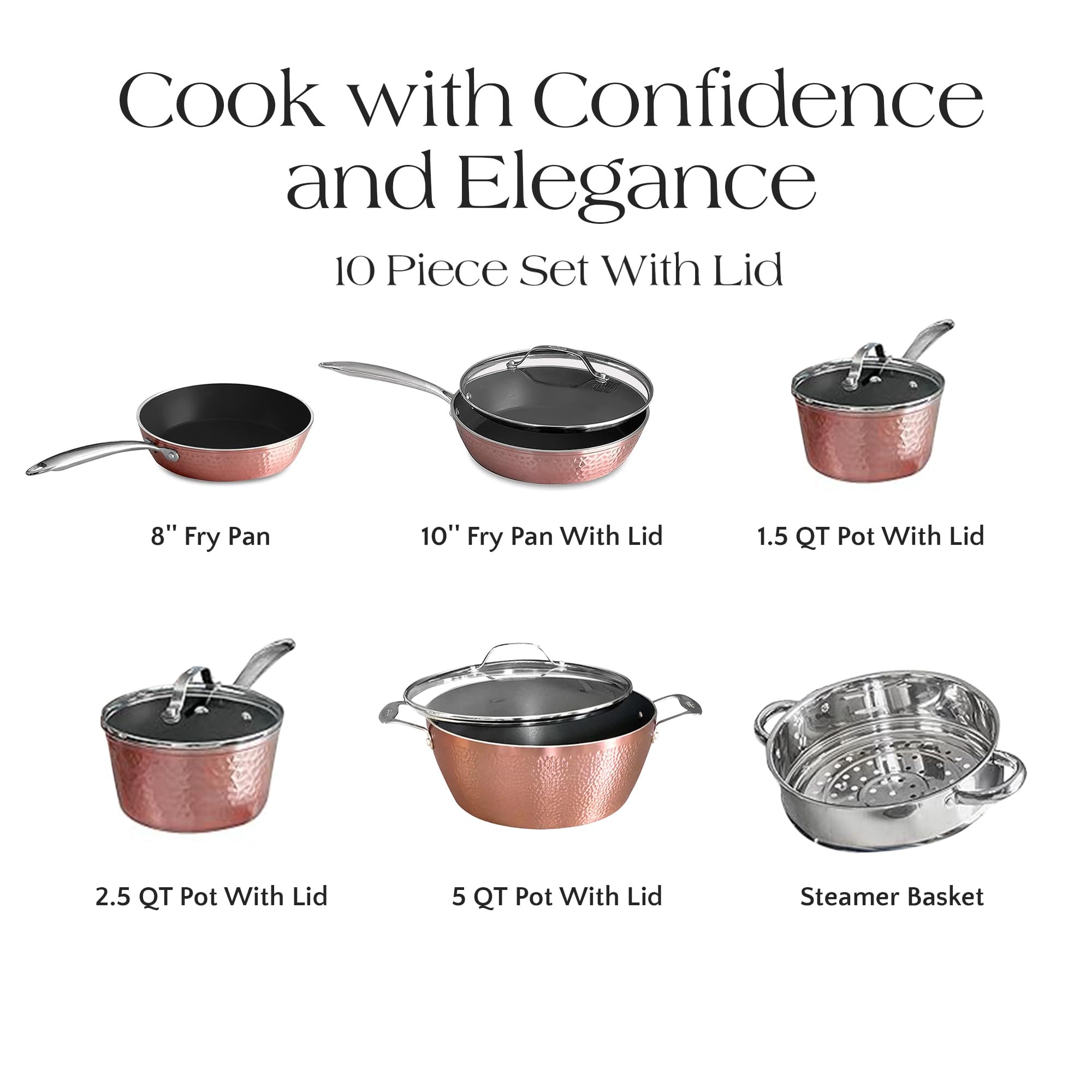 10-Piece Ceramic Non-Stick Cookware Set with Glass Lids - Rose Gold Hammered Design, Oven & Stove Top Safe (500°F), Lightweight & Durable Pots and Pans for Everyday Cooking, Frying, Baking & Serving