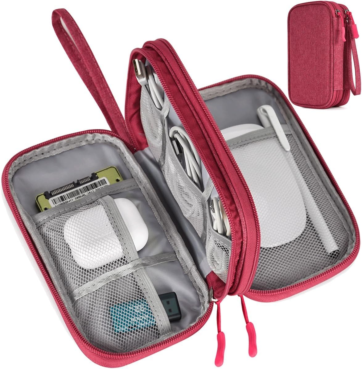 Waterproof Electronic Organizer Travel Bag for Power Bank, Charging Cords & USB Cables - Portable Cable Accessories Case (Rose Red) - Perfect for Travel, Office & Daily Organization