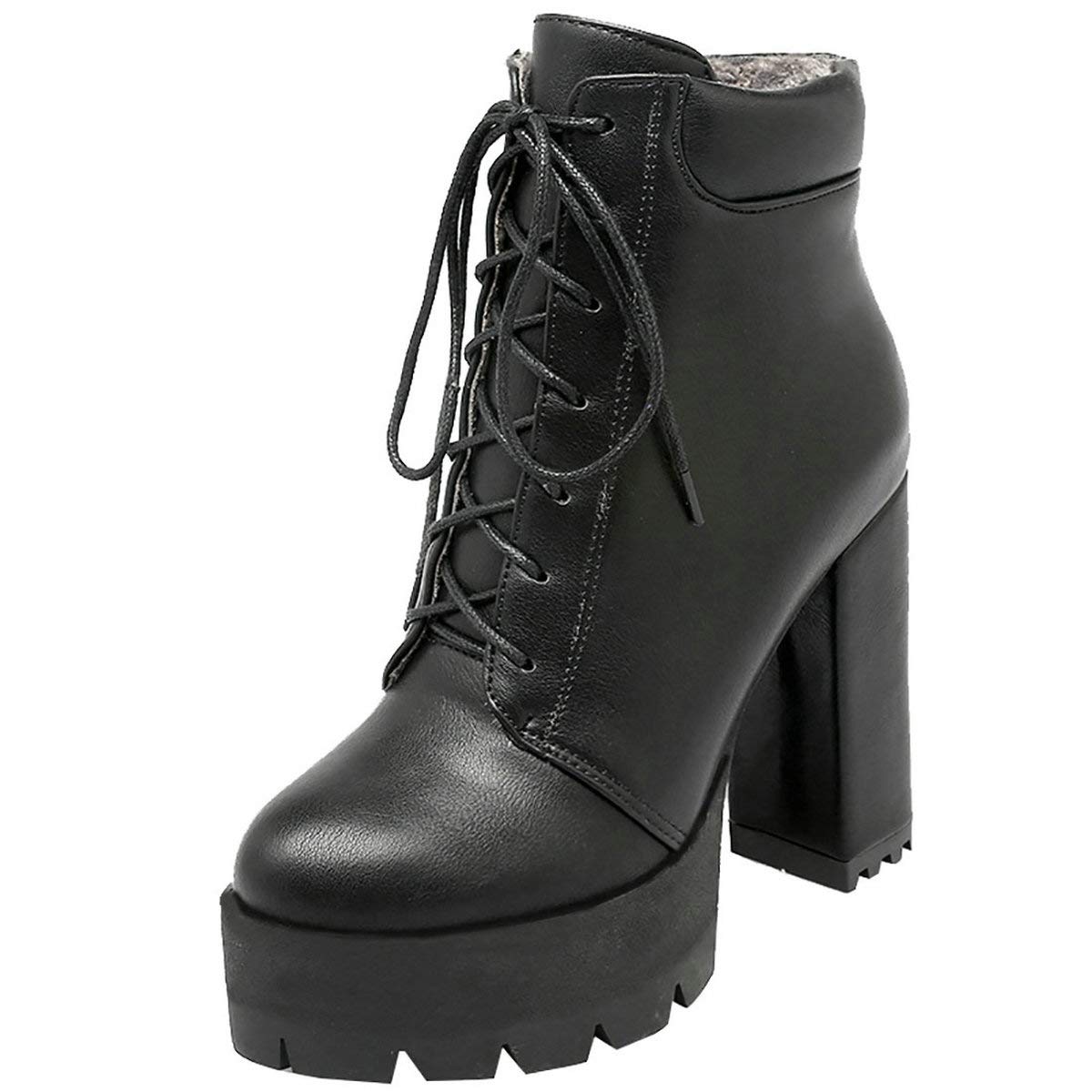 MAVMAX Women's Chunky Heel Ankle Boots - Lace Up Platform Booties for Casual Outfits & Fall Fashion
