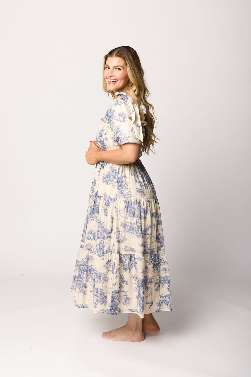 Elena 100% Cotton Toile Print Smocked Midi Dress in Blue - Bump Friendly Maternity Dress for Pregnancy, Nursing & Special Occasions | Perfect for Baby Showers, Brunch Dates & Summer Outings