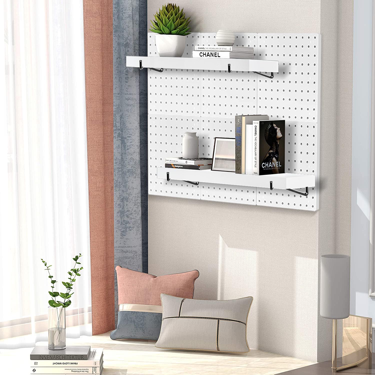 4 Pack Heavy Duty Pegboard Shelves with Metal Hooks - Durable Pegboard Shelf Brackets & Accessories for Craft Room, Office, Garage Organization - Perfect for Wall Storage, Tool Hanging & DIY Projects