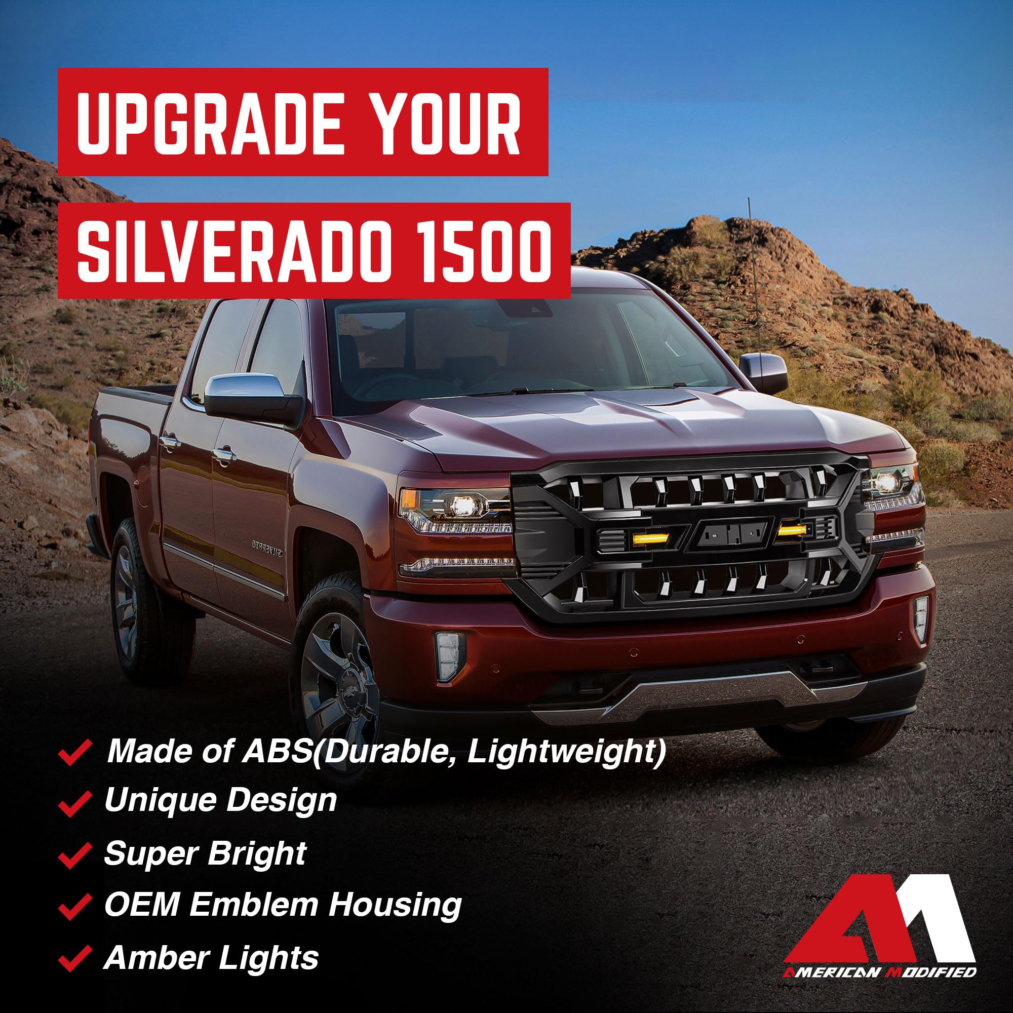 2016-2019 Chevrolet Silverado 1500 AMERICAN MODIFIED Armor Grille with Amber LED Lights & Emblem Base - Glossy Black | Heavy-Duty Front Grille Replacement for Off-Road & Truck Customization