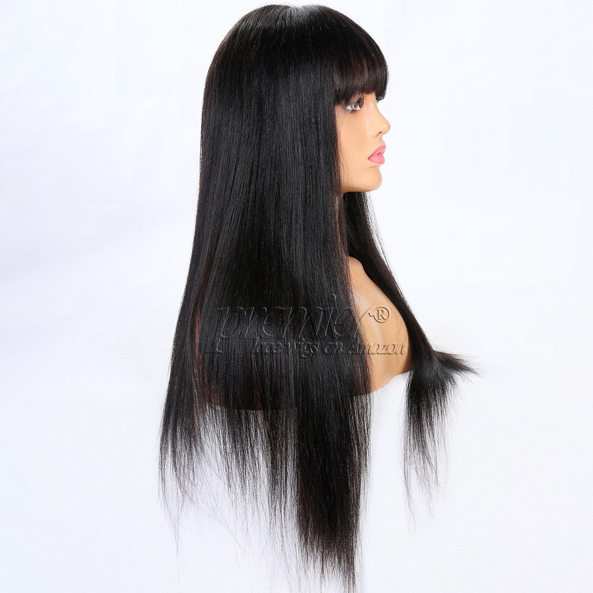 Premium 360 Full Lace Human Hair Wig with Bangs - Light Yaki Straight Brazilian Remy Hair - 150% Density 20 Inch Lace Front Wig for Black Women - High Ponytail & Natural Look - Perfect for Daily Wear, Parties, and Special Occasions
