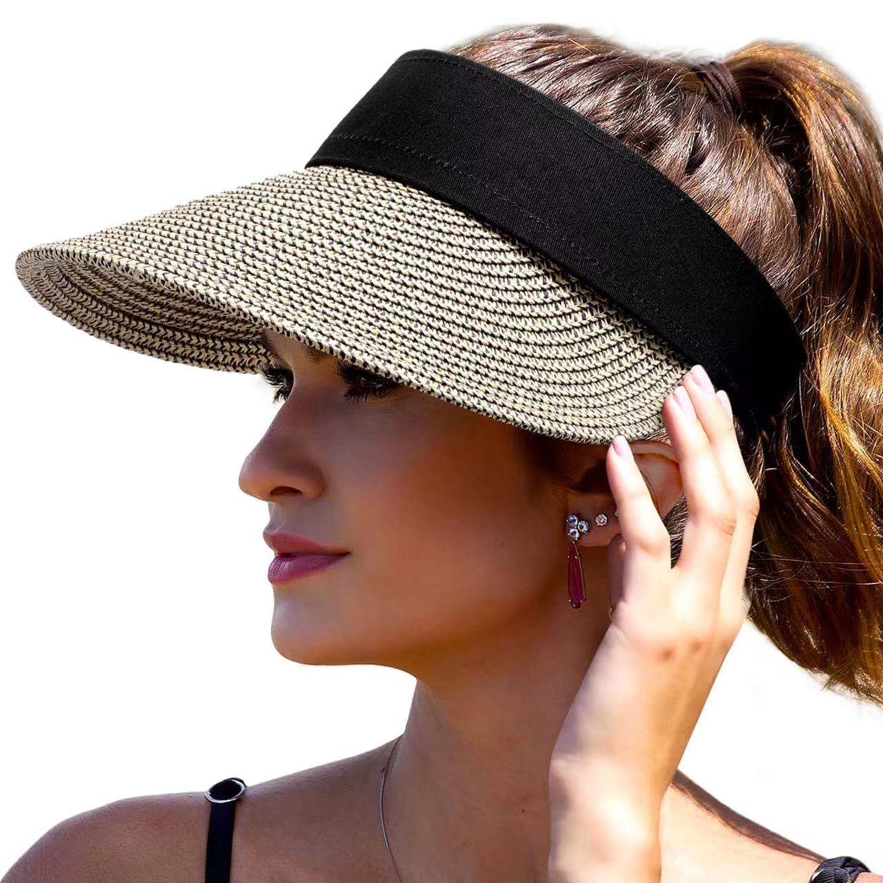 Women's Wide Brim Straw Sun Visor Hat - Foldable & Roll-up UV Protection Beach Hat for Summer | Perfect for Beach Vacations, Poolside Lounging & Outdoor Activities