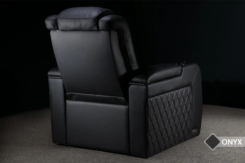 Valencia 2025 New Tuscany Slim Luxury Leather Home Theater Seating - 4 Seat Loveseat Center Console in Onyx Black | Premium Home Cinema Furniture for Movie Nights & Entertainment Rooms