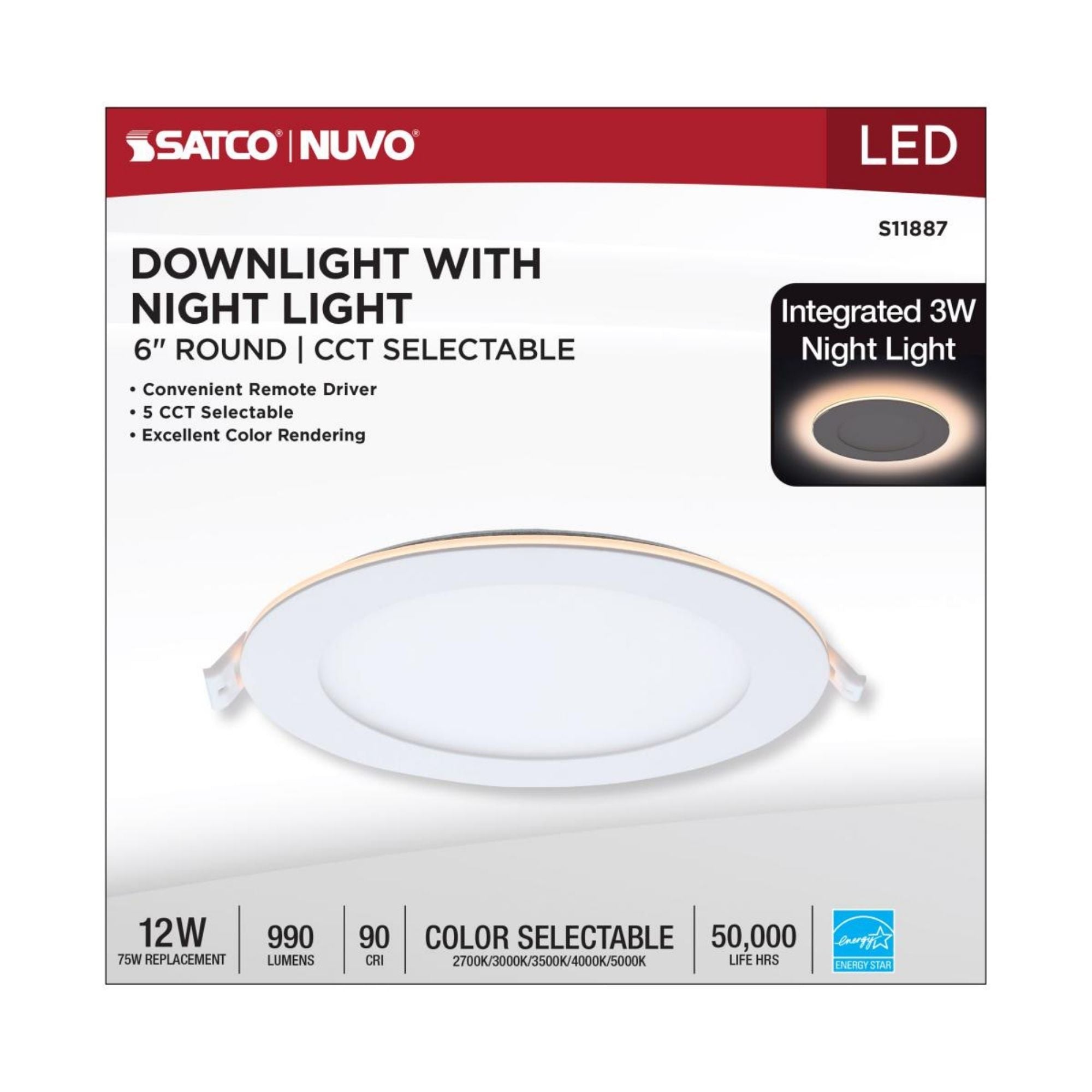6 Inch LED Recessed Downlight with Night Light - 1000 Lumens, Adjustable Color Temperature (2700K-5000K), White Round Trim - Perfect for Bedrooms, Kitchens, and Hallways