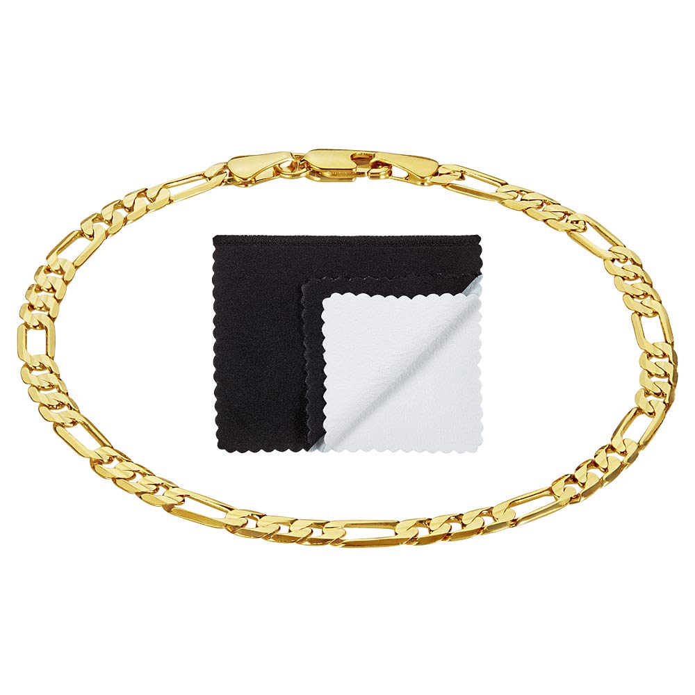 14K Yellow Gold Plated Women's Figaro Chain Anklet - 4mm-6mm Polished Flat Link Ankle Bracelet for Casual Wear, Beach Outfits & Everyday Elegance