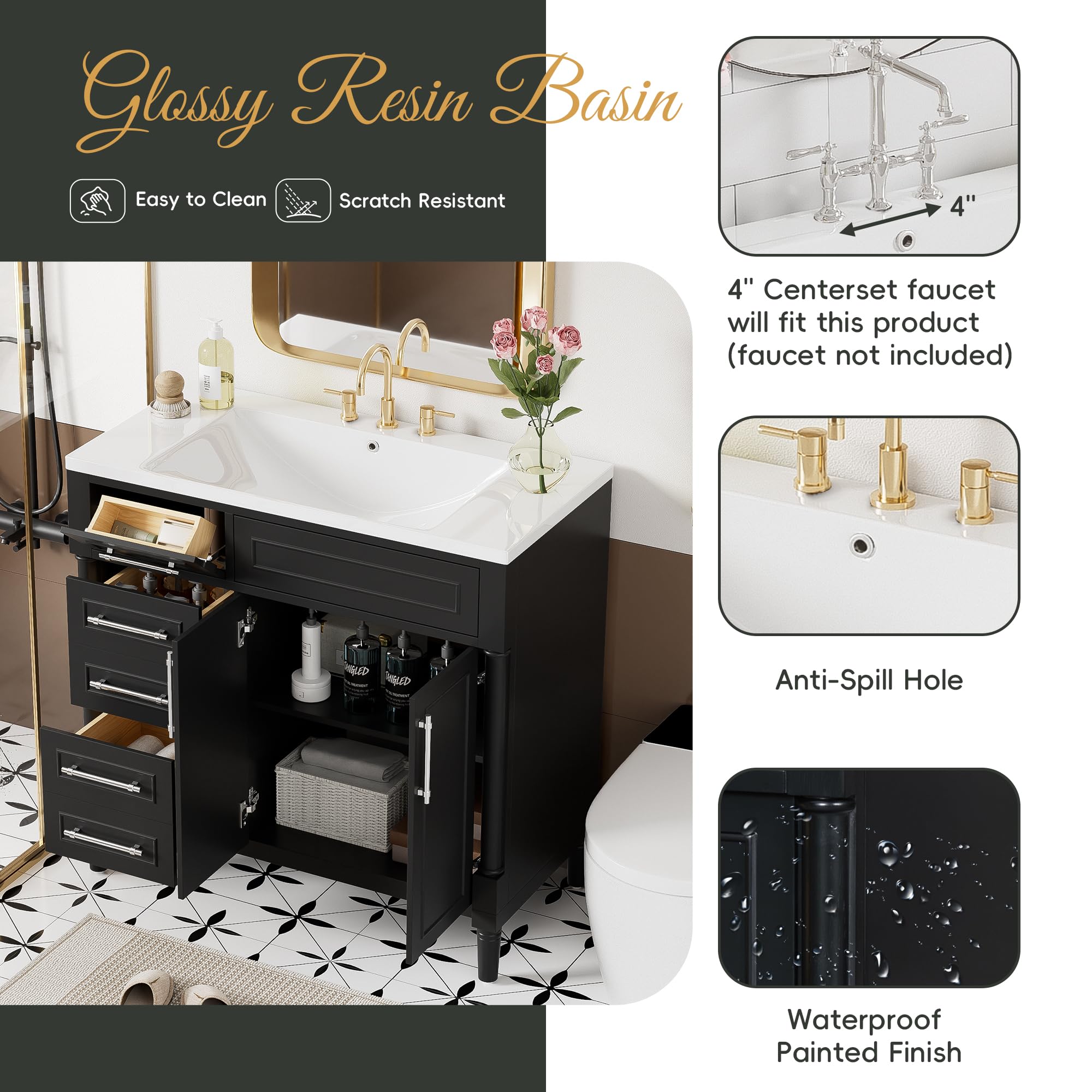 36 Inch Modern Bathroom Vanity with Sink Combo - Solid Wood Free Standing Vanity with Undermount Sink, Tip-Out Drawer & 2 Soft Close Doors - Perfect for Small Bathrooms, Powder Rooms & Master Bath Suites (Black)