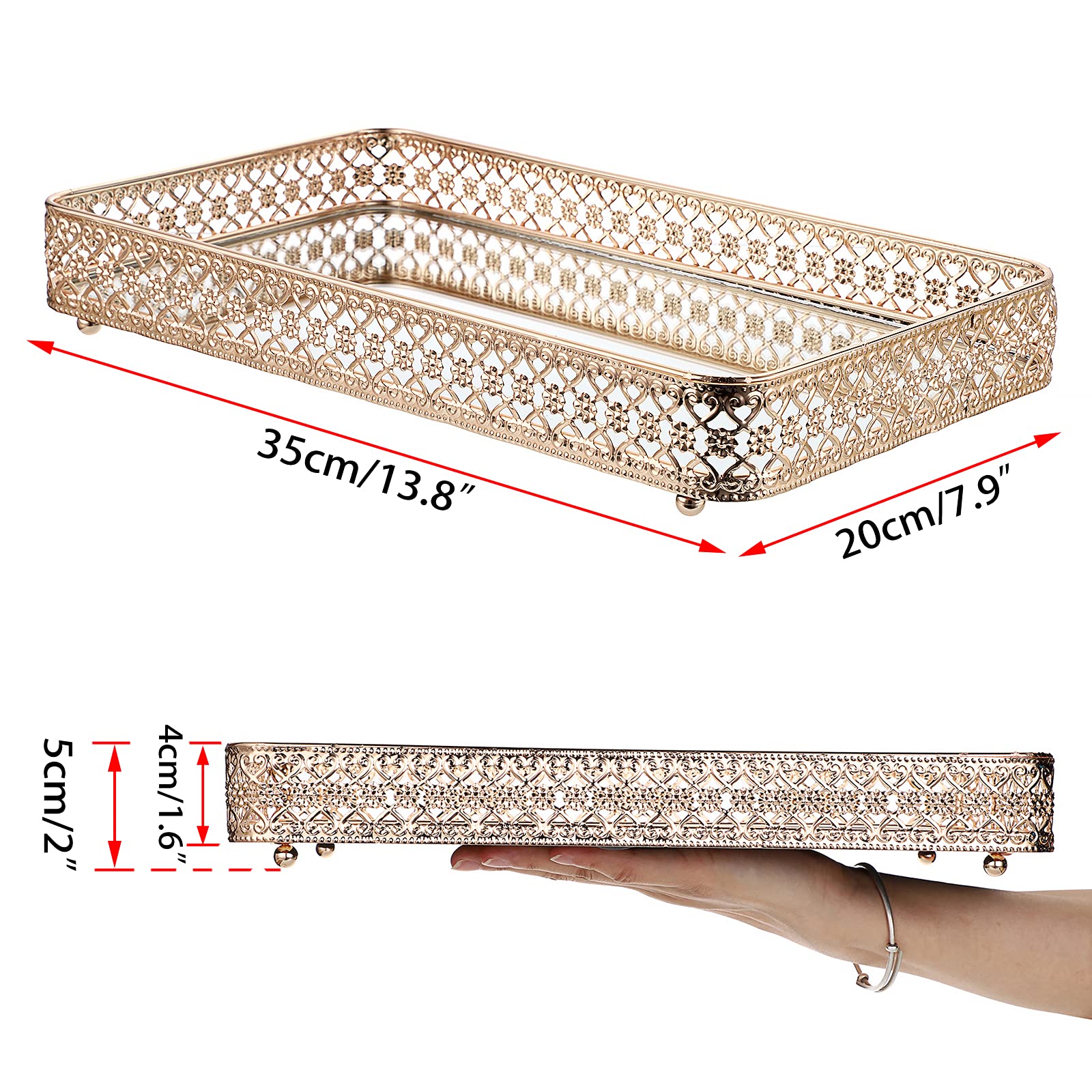 ELLDOO Gold Vanity Tray for Jewelry & Makeup - Large Hollow-Carved Glass & Metal Organizer with Mirror - Perfect for Dresser, Bathroom Countertop, and Bedroom Decor | Gift Idea for Women