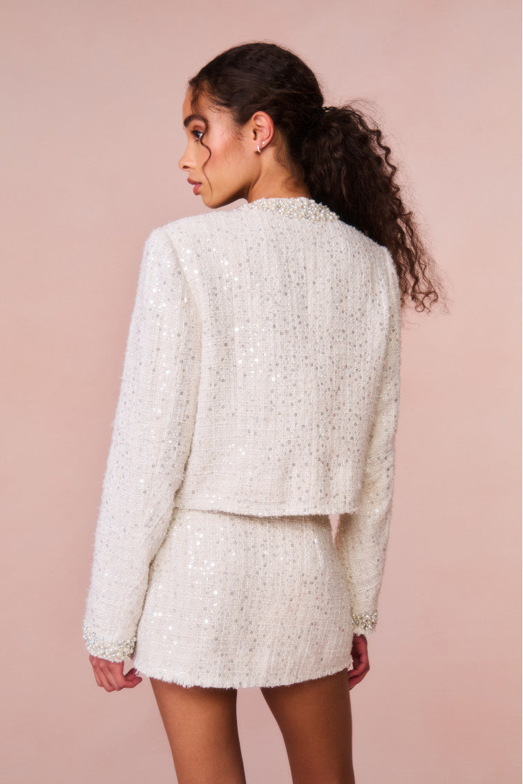 Vintra Embellished Tweed Jacket for Women - Elegant Blazer with Beaded Details, Perfect for Office, Parties & Special Occasions