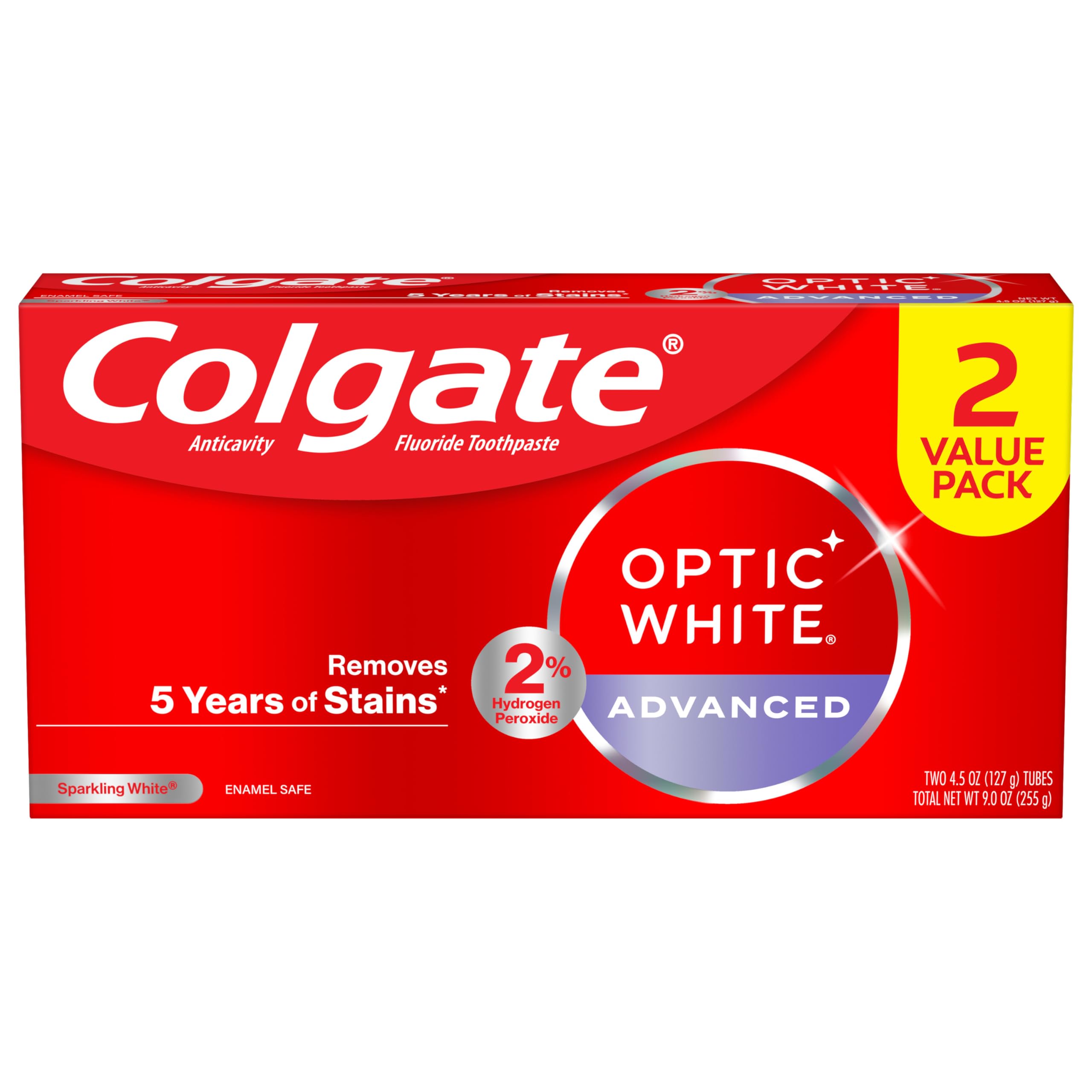 Colgate Optic White Advanced Teeth Whitening Toothpaste with 2% Hydrogen Peroxide - Sparkling White Formula, 4.5 Oz (2 Pack) - Brighten Smile for Daily Use & Special Occasions