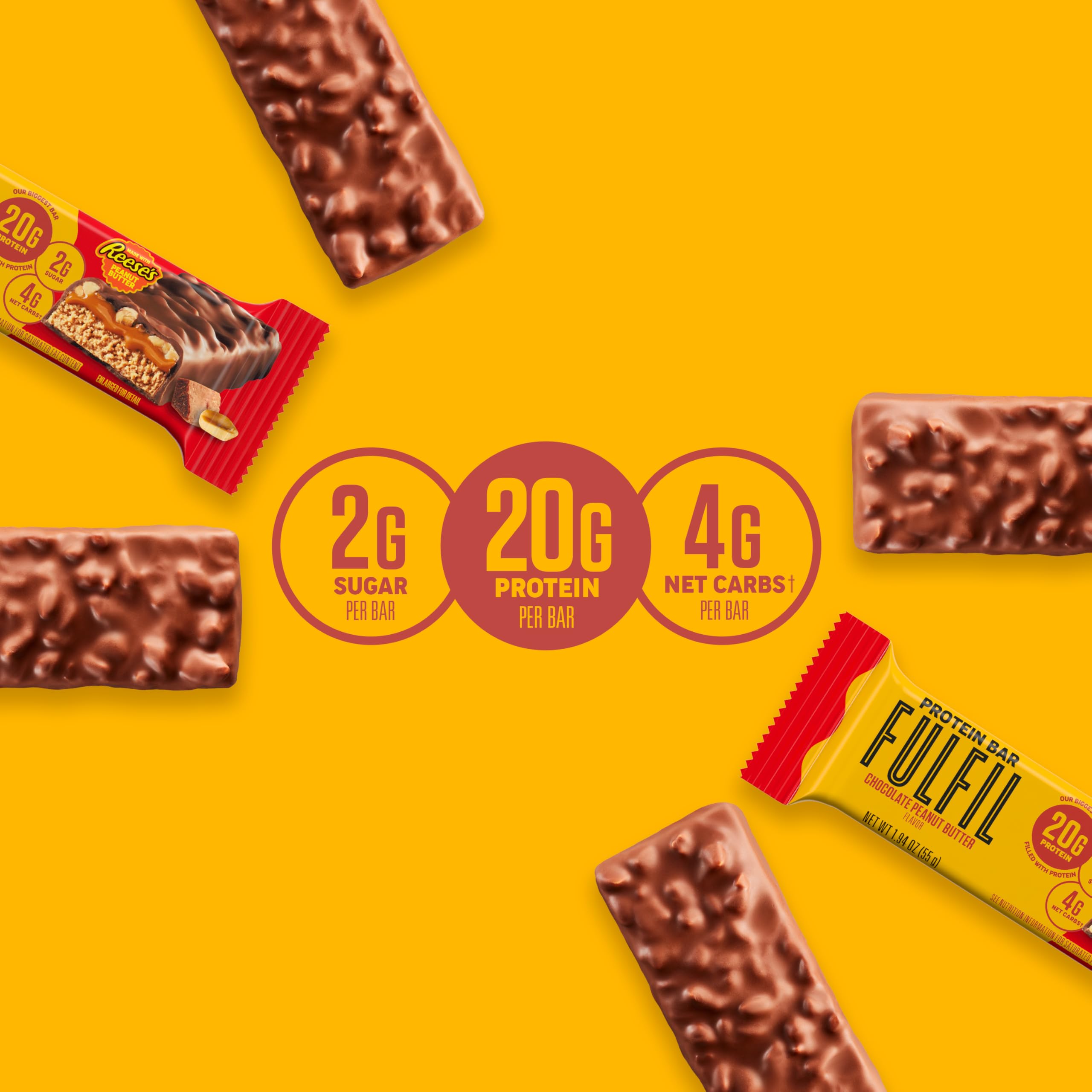 FULFIL Chocolate & Reese's Protein Bars - High Protein Snack (20g) with Chocolate Peanut Butter Flavor - 12 Pack for Gym, Workout & Healthy On-the-Go Nutrition