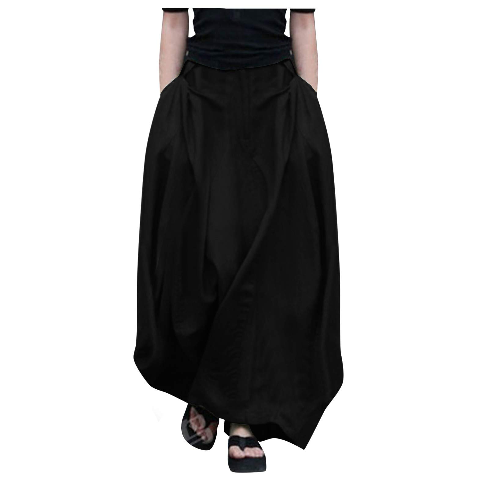 Women's Solid Long Skirt with Elastic Waistband & Pockets - Casual Loose Fit Zipper Dress for Outdoor Activities, Travel & Daily Wear - Black Fashion Skirt