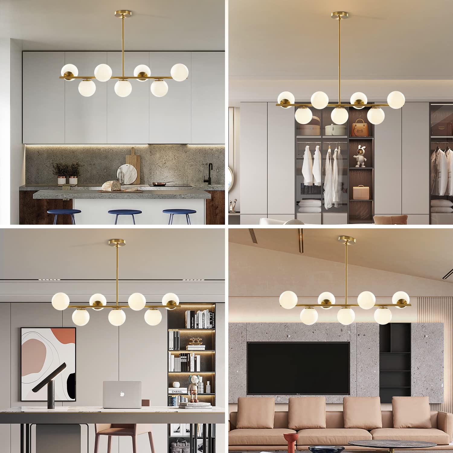Modern Gold Chandelier with Brushed Brass Finish & Globe Glass - 7-Light Ceiling Pendant Light for Dining Room, Living Room, Bedroom | Elegant Lighting Fixture for Home Decor, Wedding Venues & Restaurants