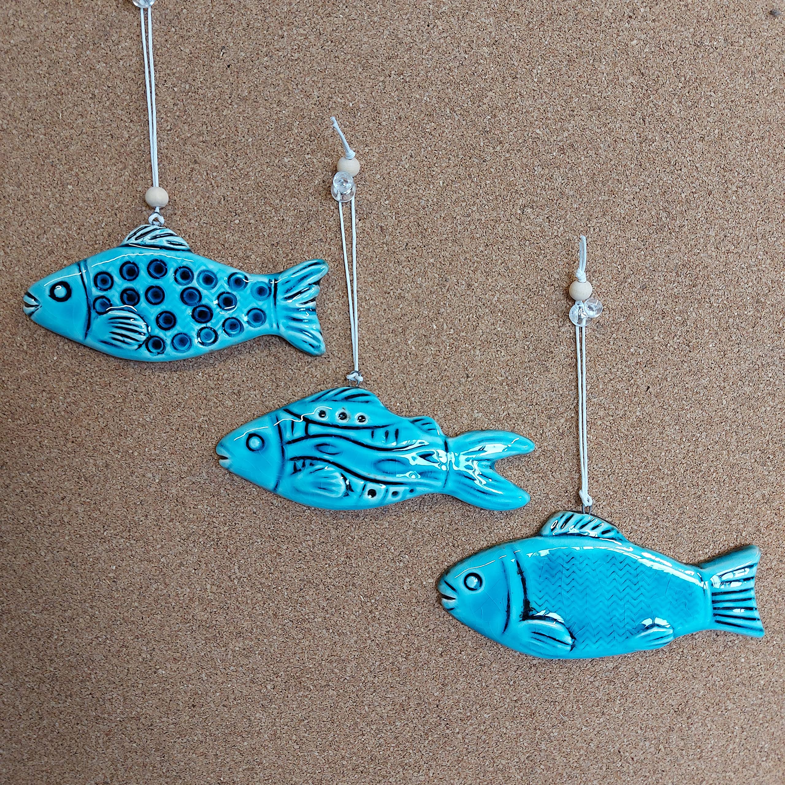 Handmade Ceramic Wall Decor - Set of 3 Textured Glazed Medium Fish Hanging Ornaments for Living Room, Bedroom, Bathroom, Kitchen & Farmhouse Decor | Perfect for Coastal, Boho & Rustic Home Styling