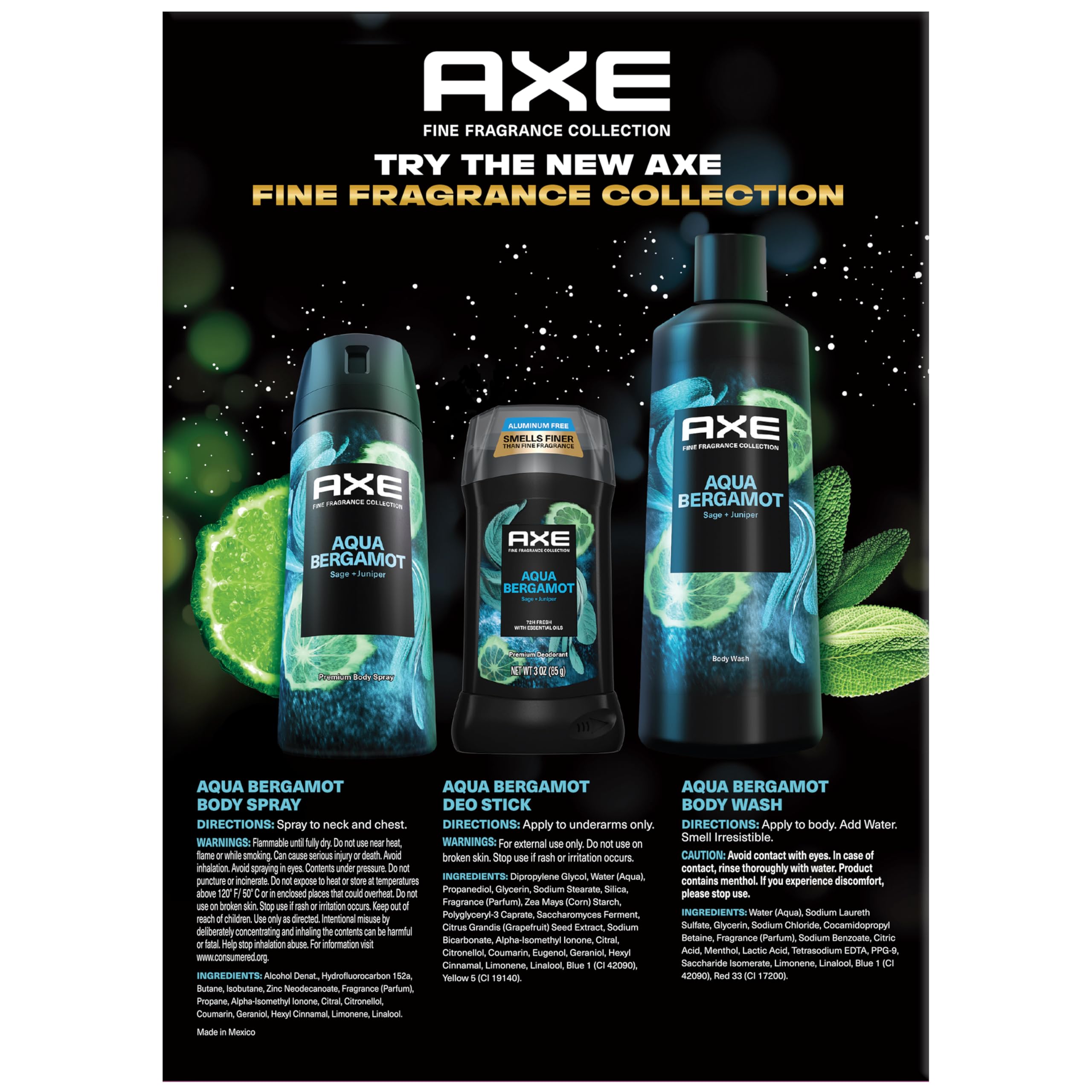 AXE Aqua Bergamot Men's Grooming Gift Set - 3-Piece Body Wash, Body Spray & Deodorant with Sage & Juniper Fragrance | Perfect for Daily Use, Gym & Travel