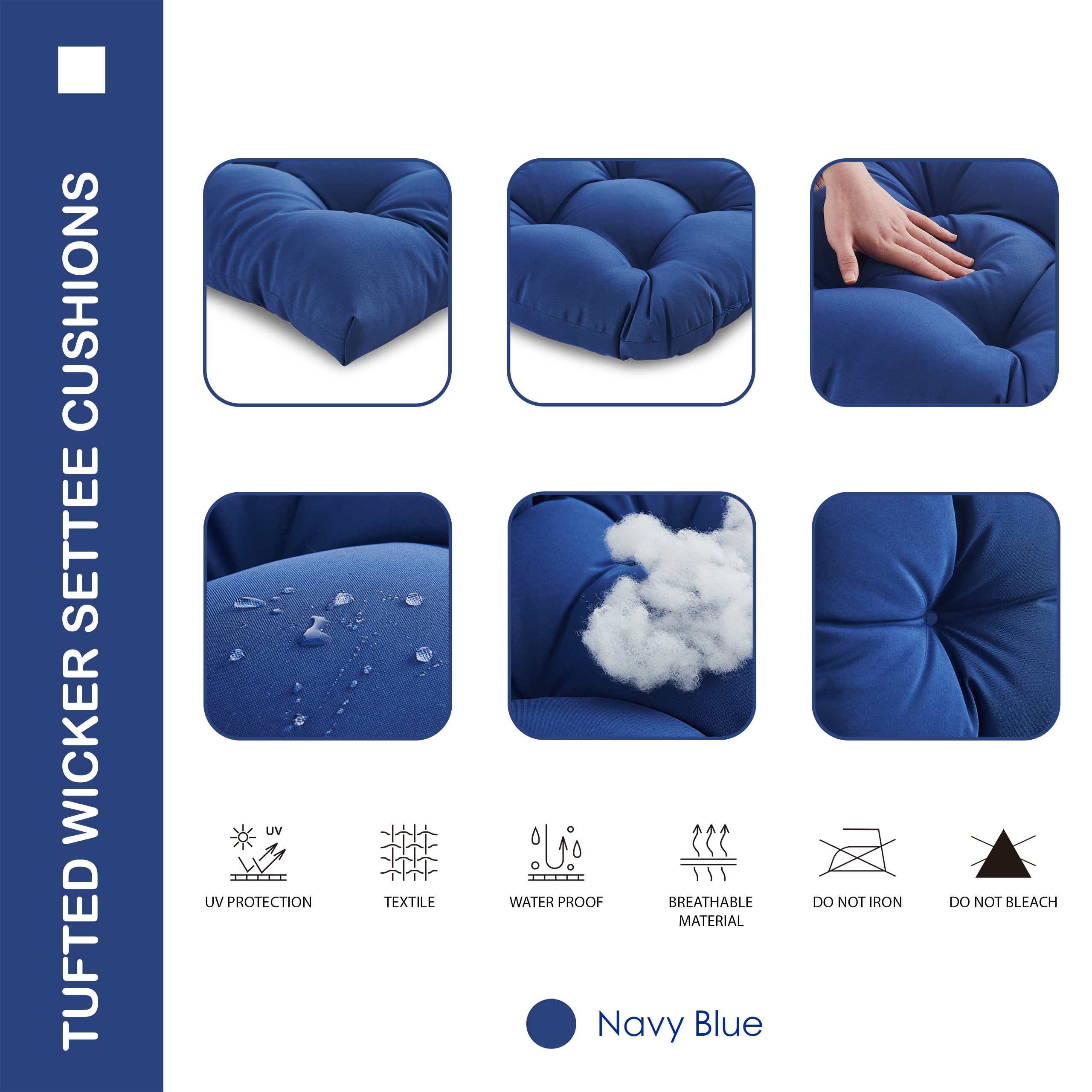 **3-Piece All-Weather Tufted Wicker Chair Cushion Set – 1 Loveseat & 2 U-Shaped Waterproof Patio Cushions for Outdoor/Indoor Furniture, Bench, Sofa – Navy Blue – Perfect for Garden, Deck, Poolside & Sunroom**