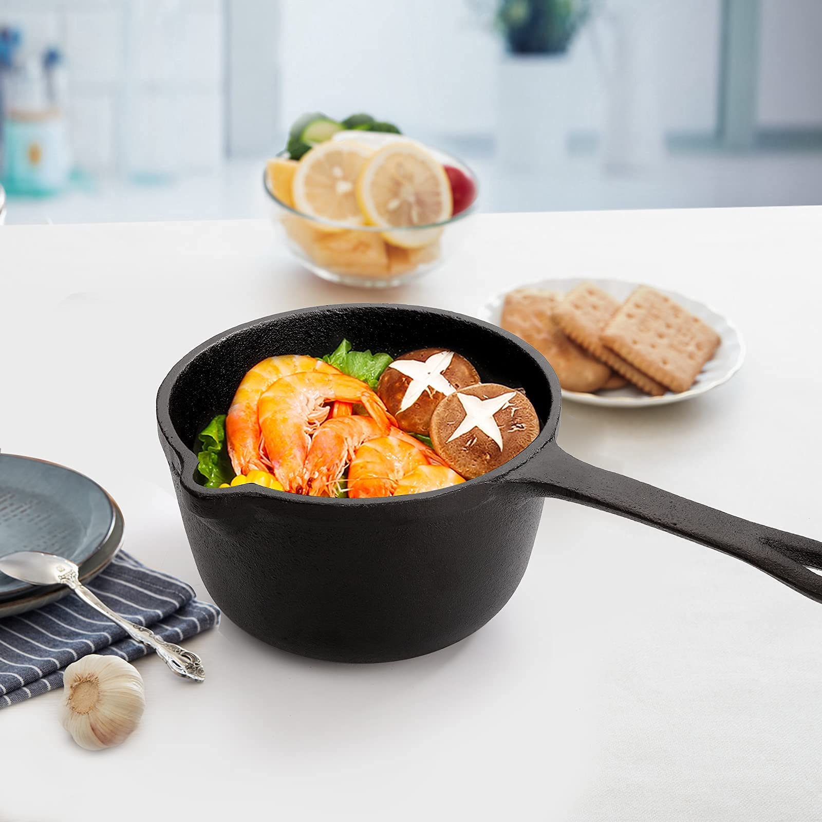 Premium 1 Quart (32 Oz) Cast Iron Basting Pot with Handle - Heavy Duty Sauce Pan for Grilling, Roasting & Oven Cooking - Perfect for Basting Turkey, Steaks & Vegetables - Black