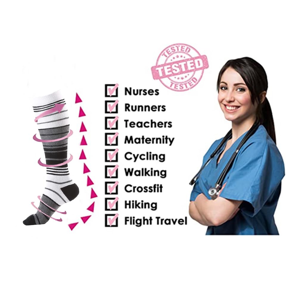 6 Pairs Women's Graduated Compression Socks 8-15mmHg - Improve Circulation for Travel, Work & Recovery