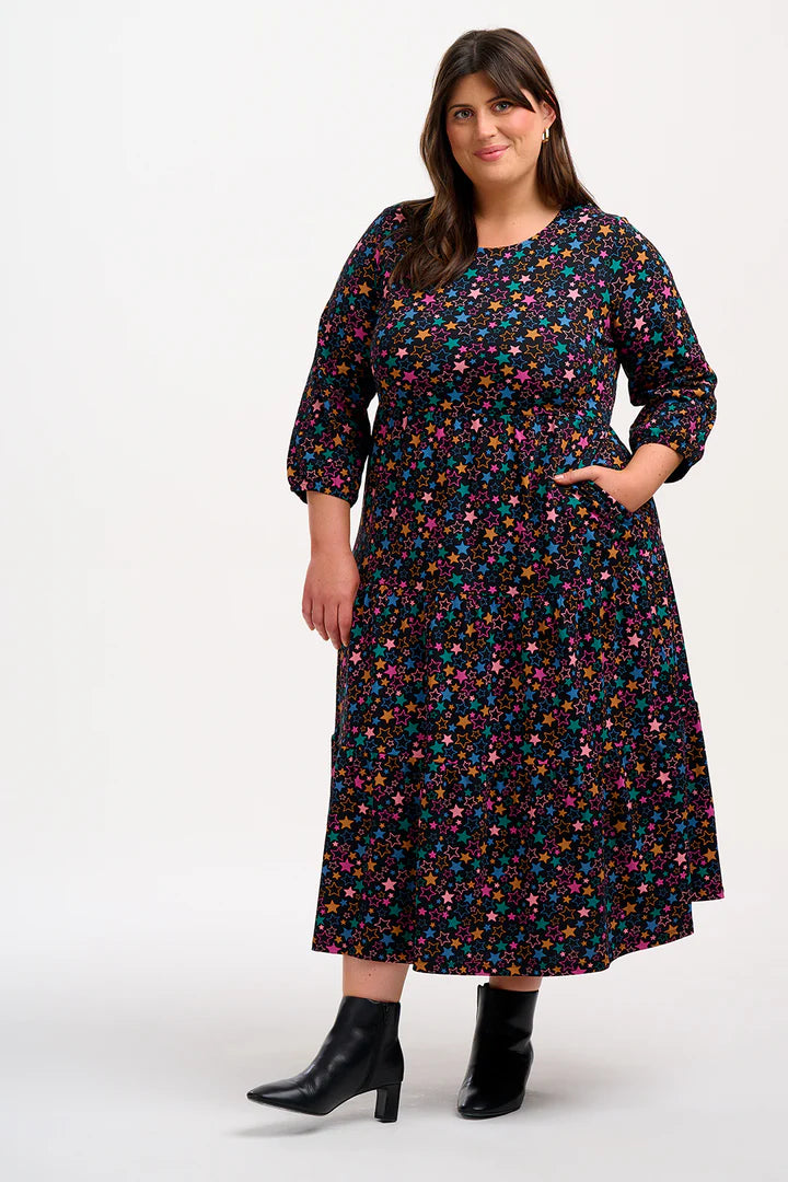 Bakari Jersey Tiered Midi Dress - Black Star Cluster Print | Flowy Summer Dress for Women | Perfect for Beach Vacations, Date Nights & Casual Outings