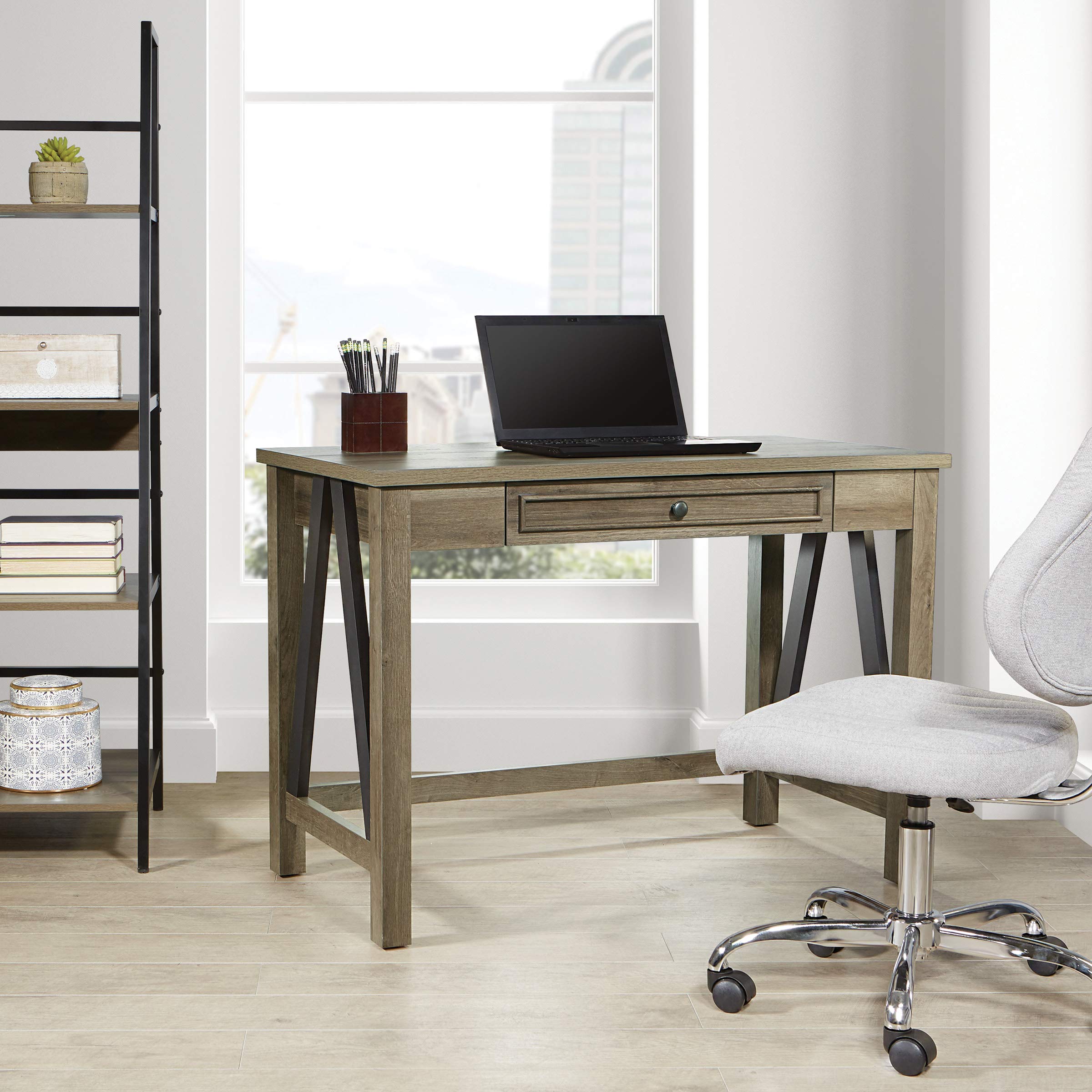 OSP Home Furnishings Braydon 42-Inch Wide Writing Desk in Grey Oak - Modern Home Office Desk for Study, Work & Remote Learning