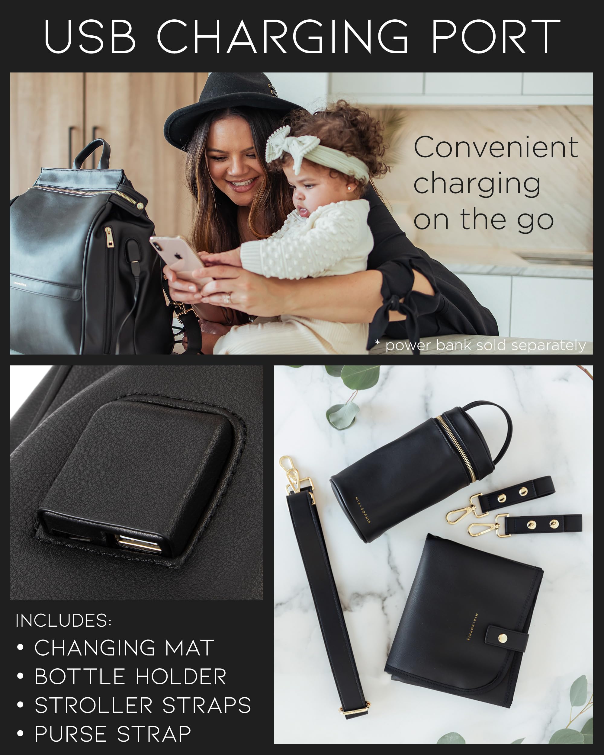 Premium Leather Diaper Bag Backpack with USB Charging Port, Insulated Bottle Holder, Stroller Straps & Waterproof Changing Pad - Stylish Black Sophia for Moms - Perfect for Baby Essentials, Travel, Park Outings & Daily Parenting