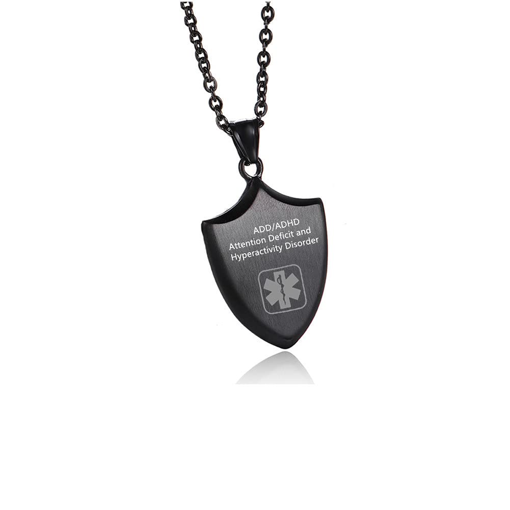 Stainless Steel Medical Alert Necklace for Men & Women - Customizable Emergency ID Pendant with Included Medical Card - Shield Shape Health Alert Jewelry for Daily Wear & Emergency Situations