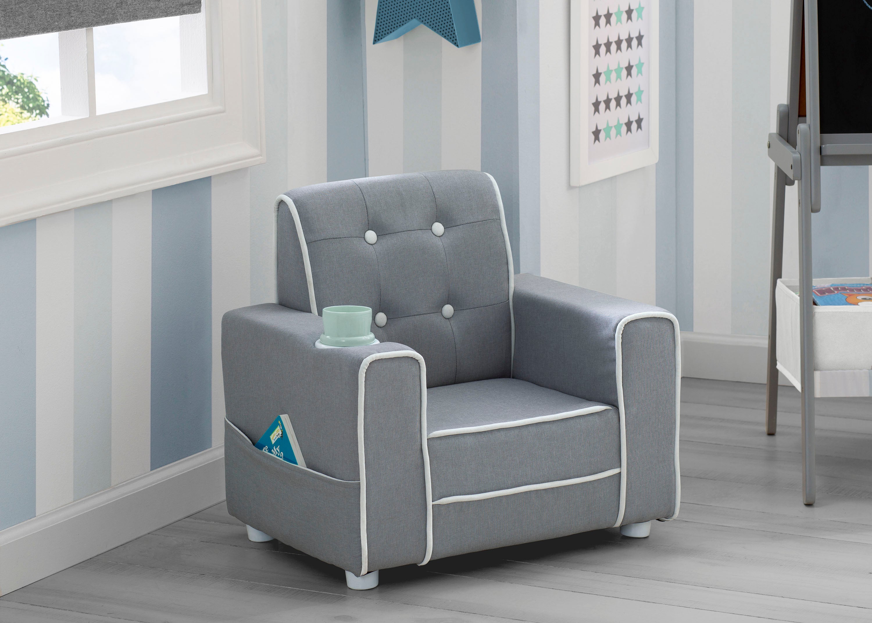 Chelsea Kids Upholstered Chair with Cup Holder - Comfortable Children's Armchair for Reading, Gaming & Relaxing - Perfect for Bedroom, Playroom or Nursery